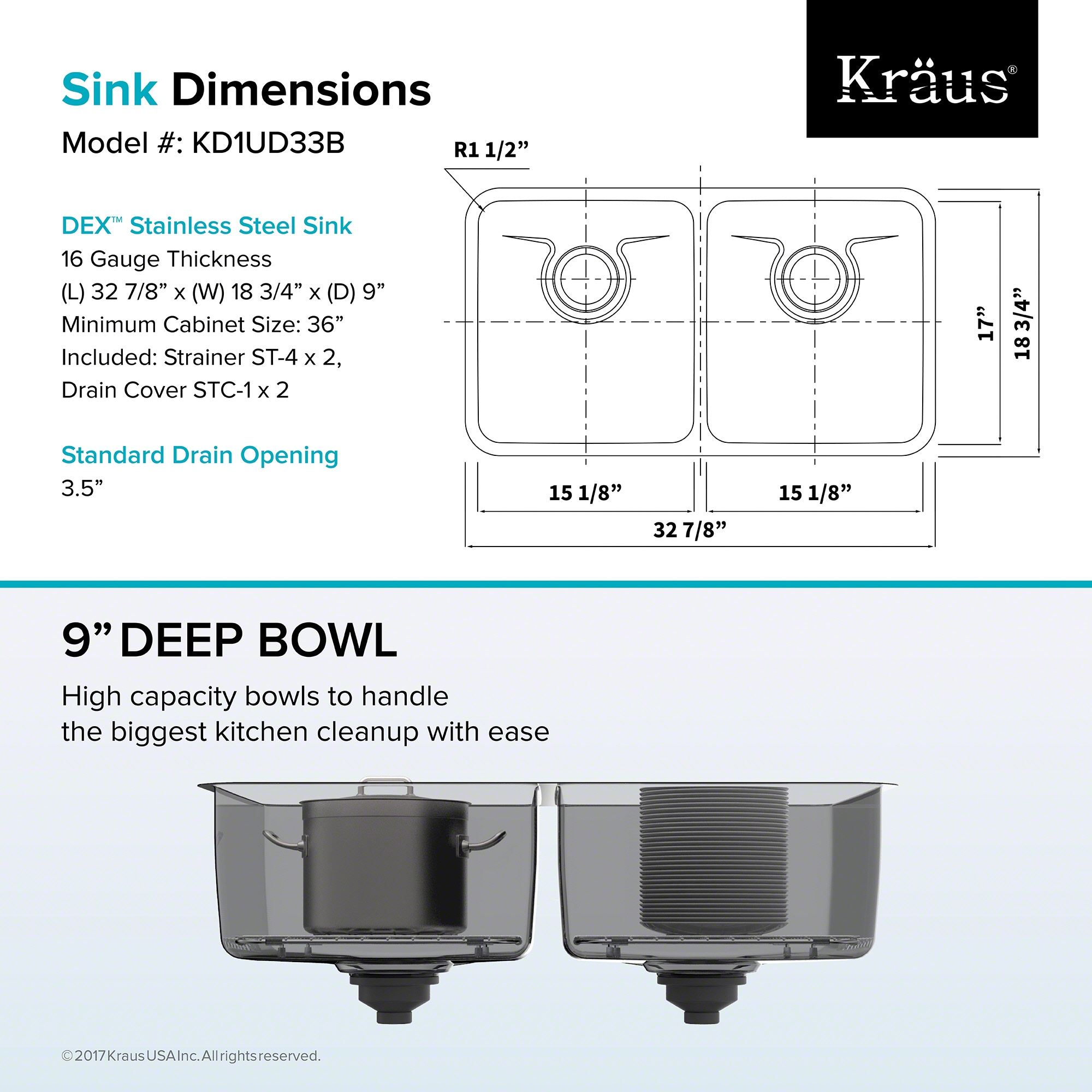33-Inch Stainless Steel Undermount Double Bowl Kitchen Sink