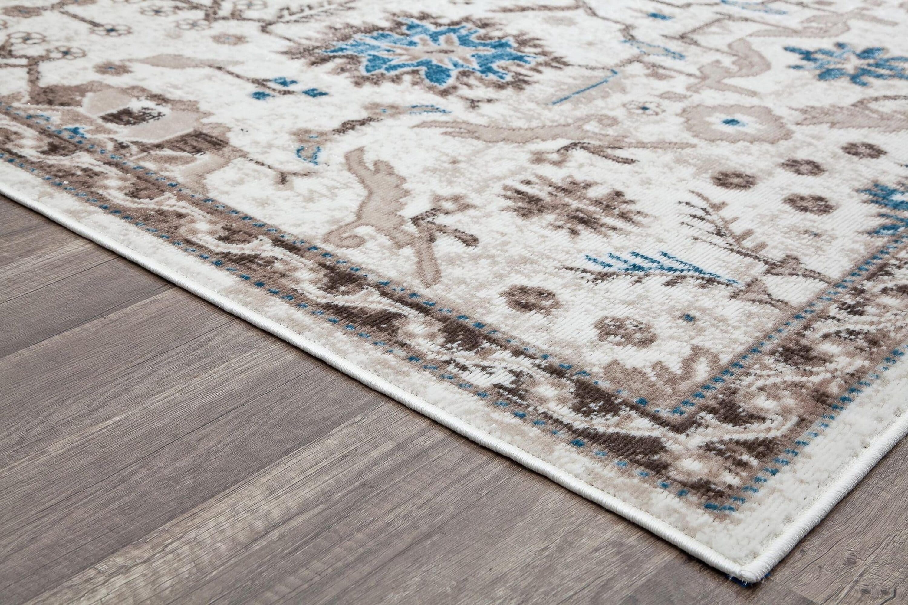 Honeysuckle Cream and Blue Synthetic Rectangular Area Rug