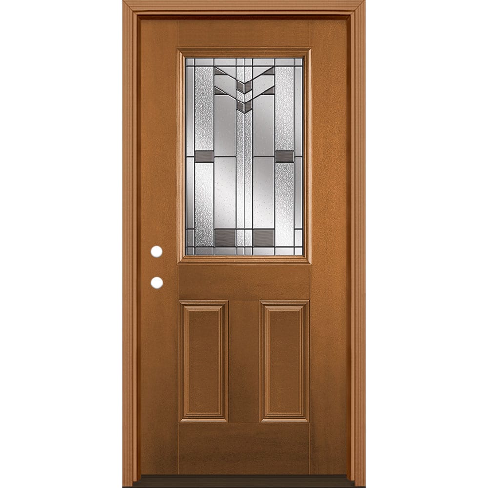 Masonite 3420250 Frontier 36-in x 80-in x 4-9/16-in Fiberglass Half lite Right-hand inswing Woodhaven Stained Prehung Front Door with Brickmould Insulating core