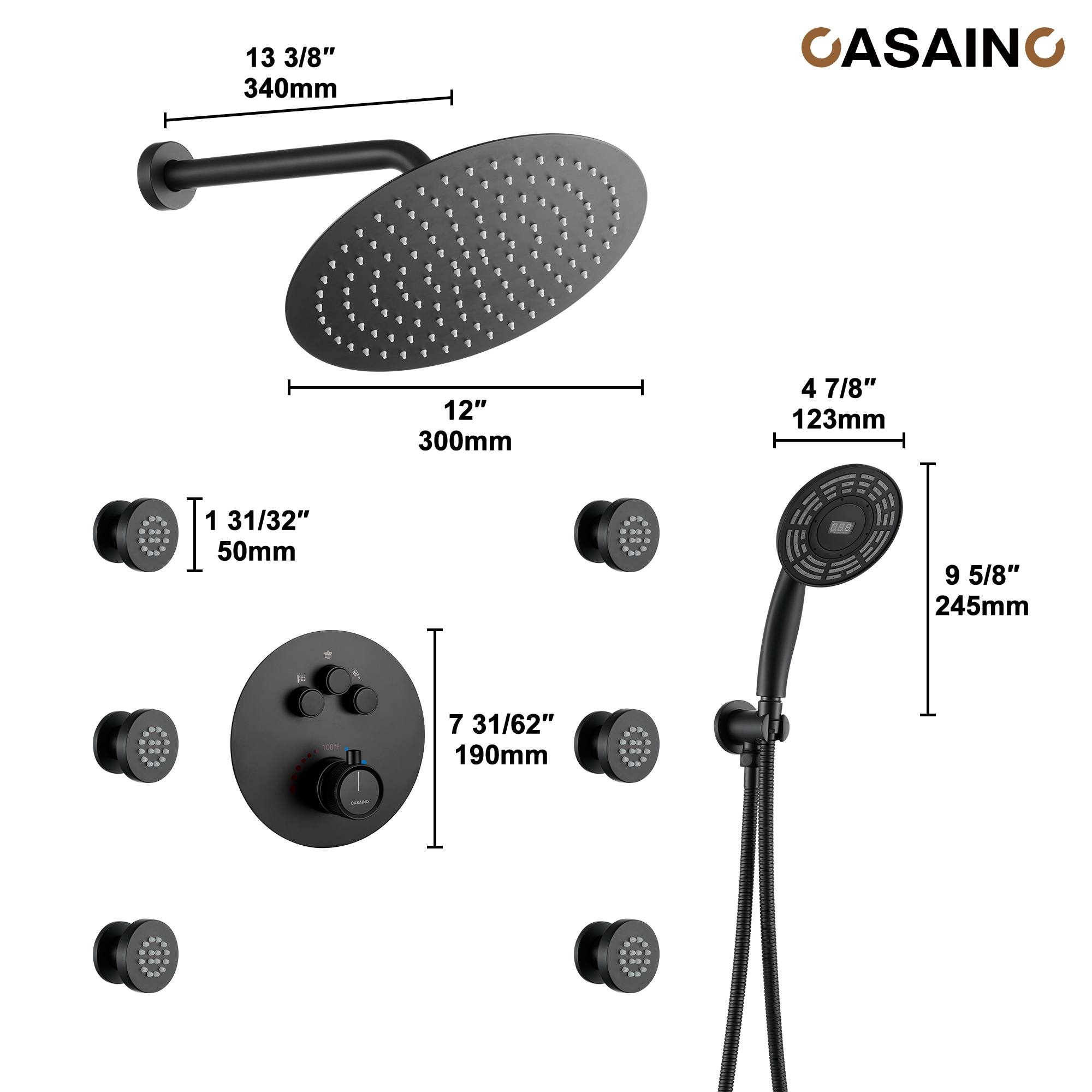CASAINC CS6216-12MB Showerhead-Bar-Panels - View #5