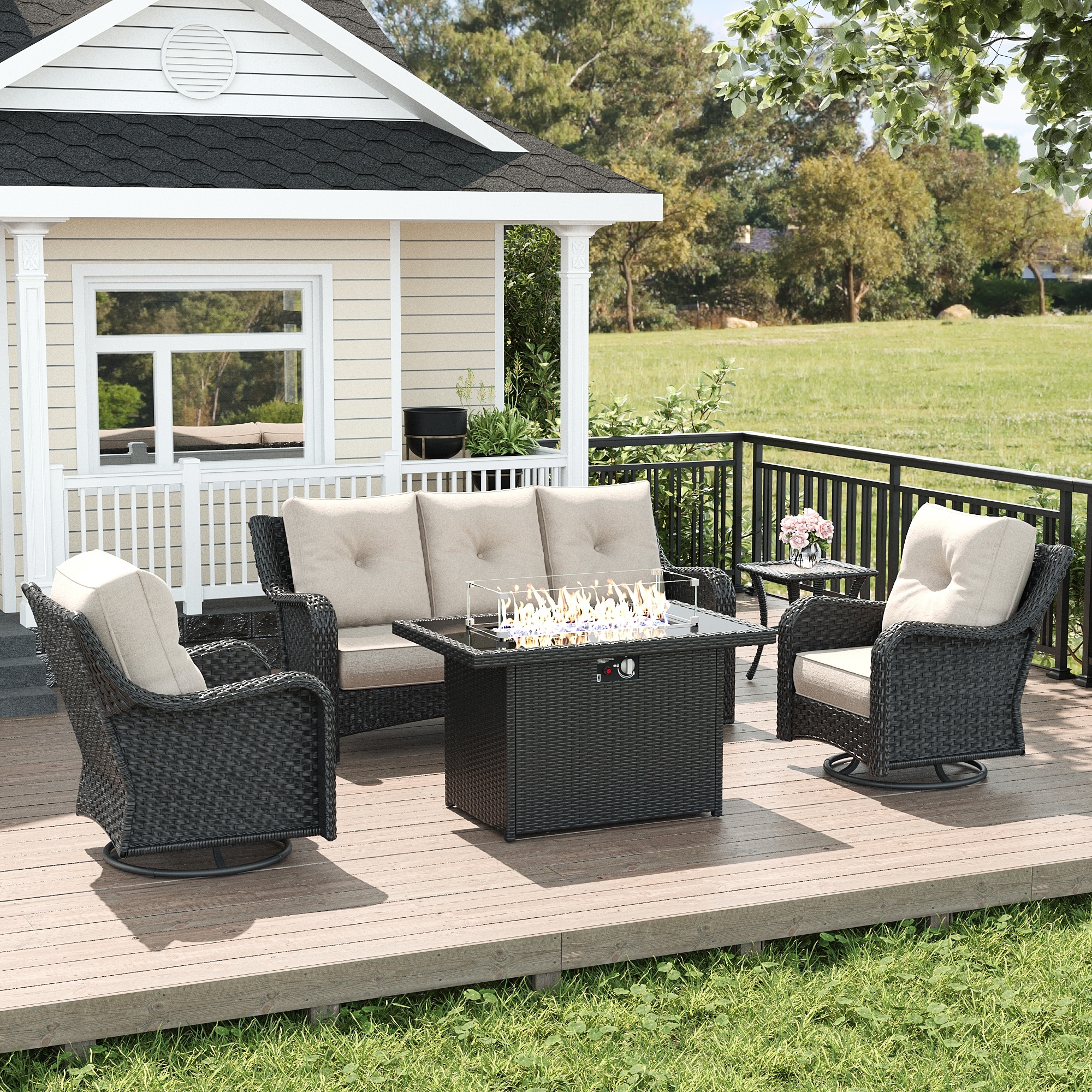 LayinSun FP6005-5P-HE01 5 -Piece Outdoor Rattan Patio Conversation Set with Fire Pit and Beige Cushions