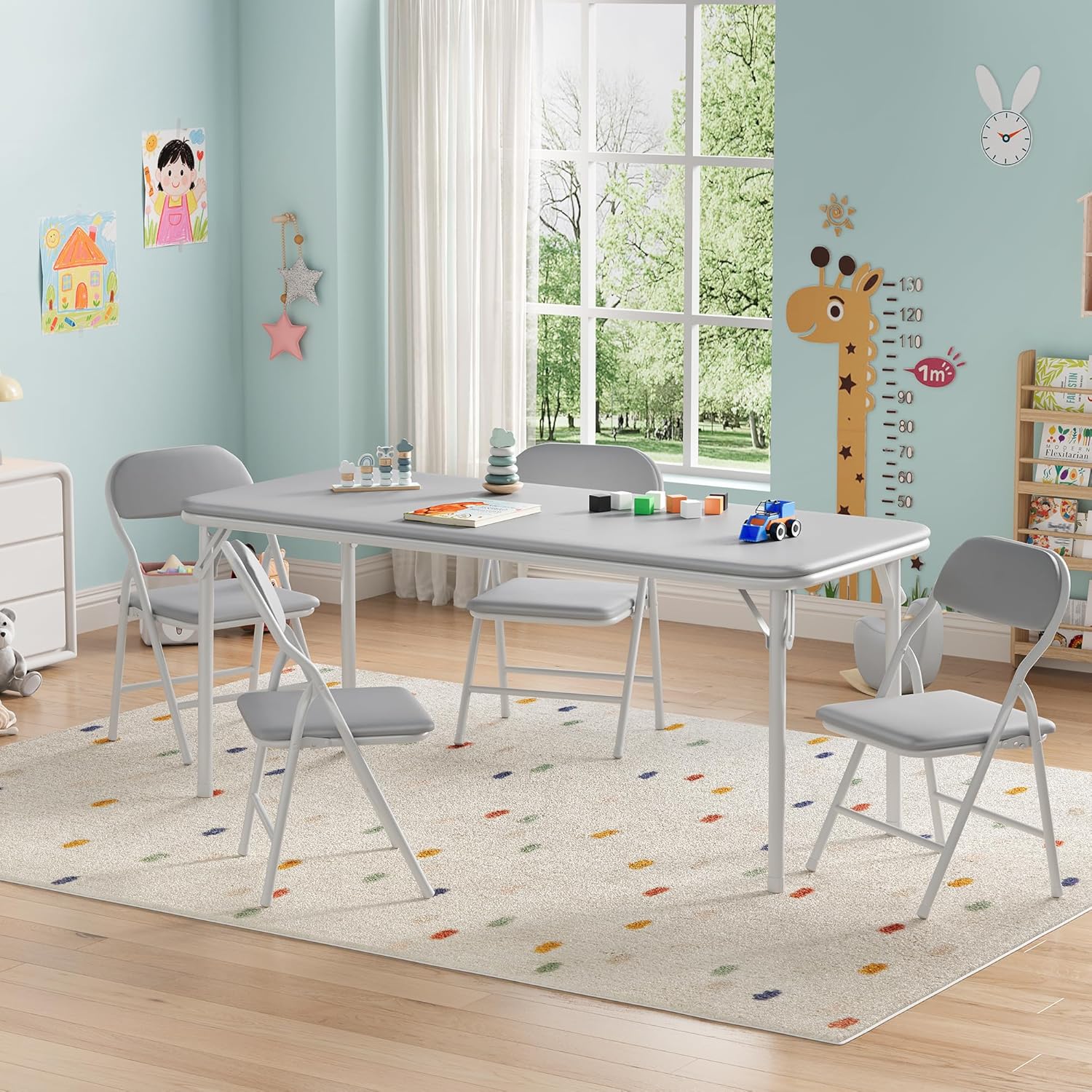 Qeetex DHZ-VAM-33Q7YG8X 5 Piece Boys Girls Folding Table and Chairs Set  Activity Table and Chairs Set for Dining Room/Daycare/Classrooms