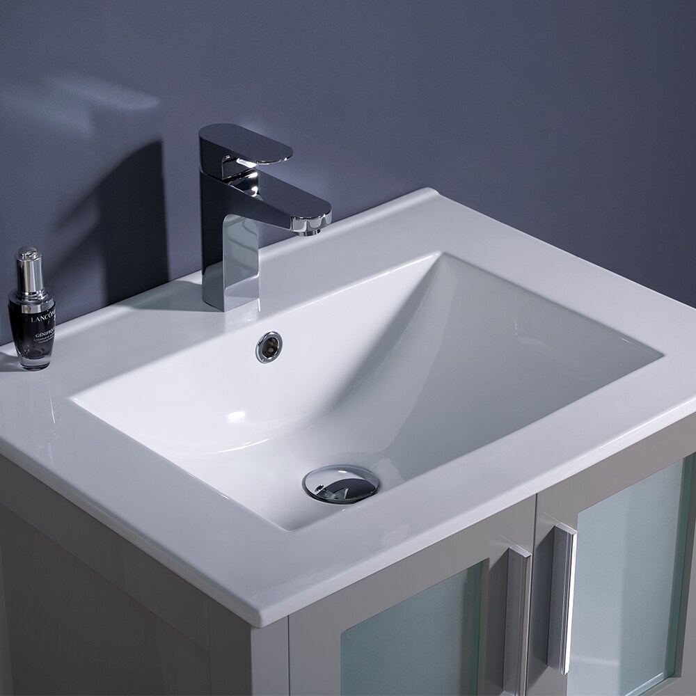 Gray Ceramic and Engineered Wood Single Vanity Set with Mirror