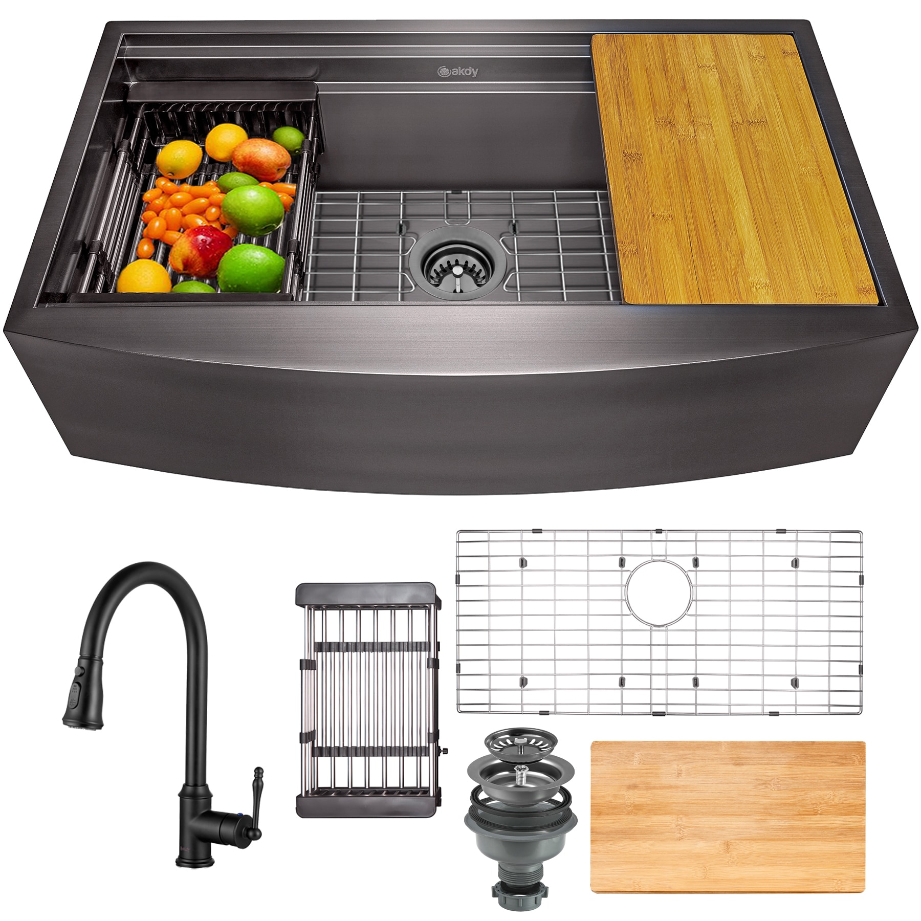 Farmhouse Apron Front 33-in x 20-in Gunmetal Matte Black Stainless Steel Single Bowl Workstation Kitchen Sink All-in-one Kit | - AKDY LEUKS509-9