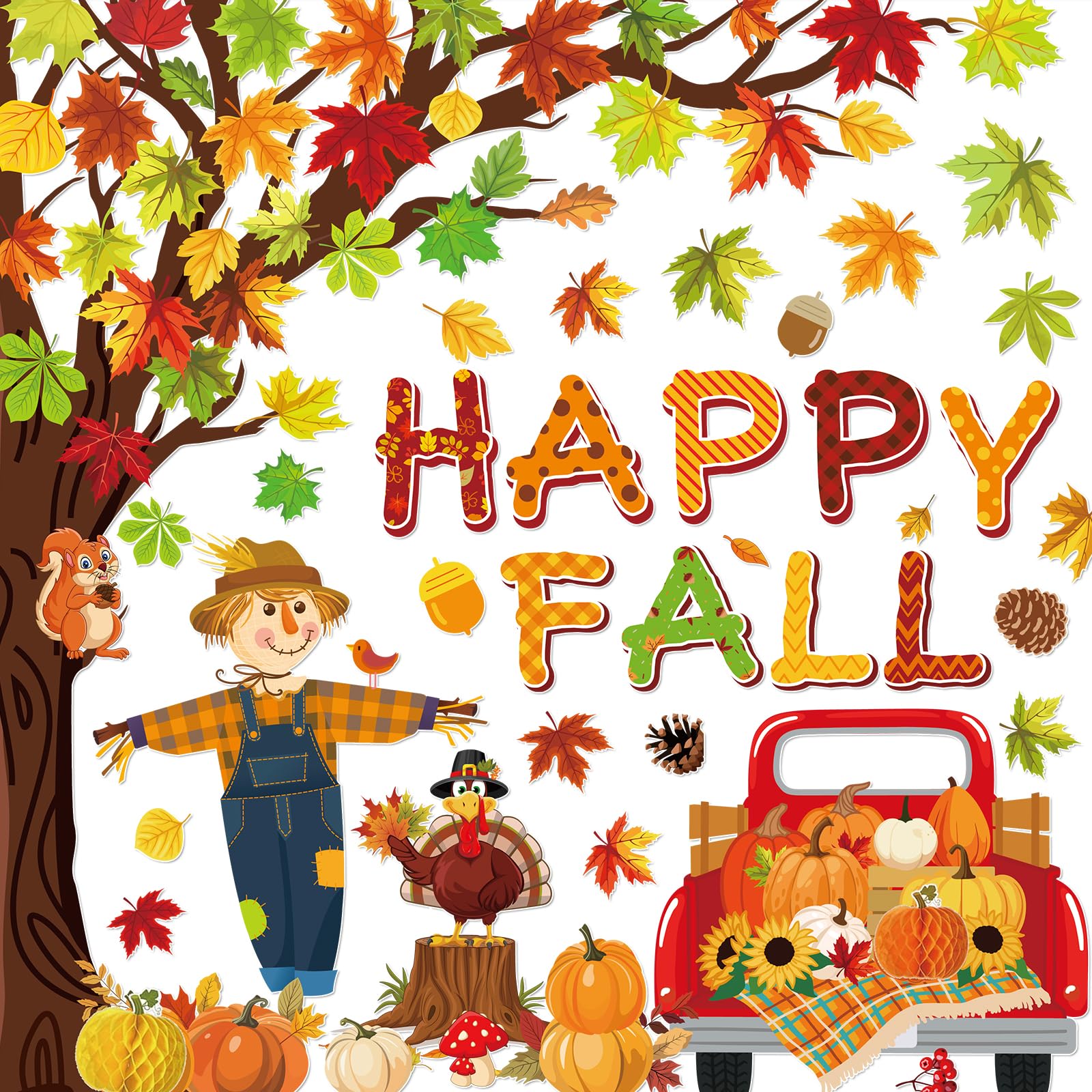 DYRCJ  89 Piece Happy Fall Bulletin Board Decorations Set with Fall Tree Pumpkin Maple Leaves Turkey Cutouts and Glue Points for Halloween