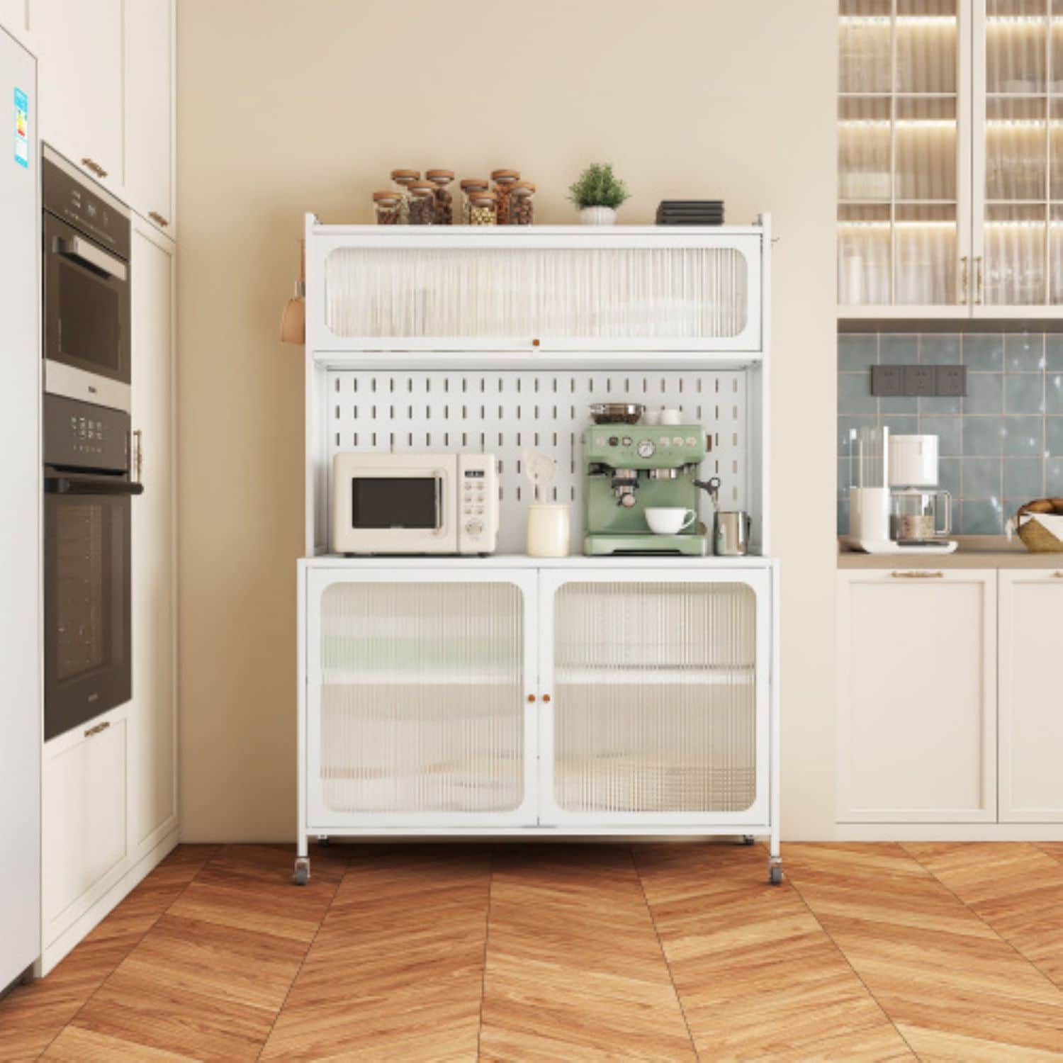GDFStudio Ellison 64 in. Tall Metal Kitchen Pantry Cabinet with Glass Doors and Adjustable Shelves - White