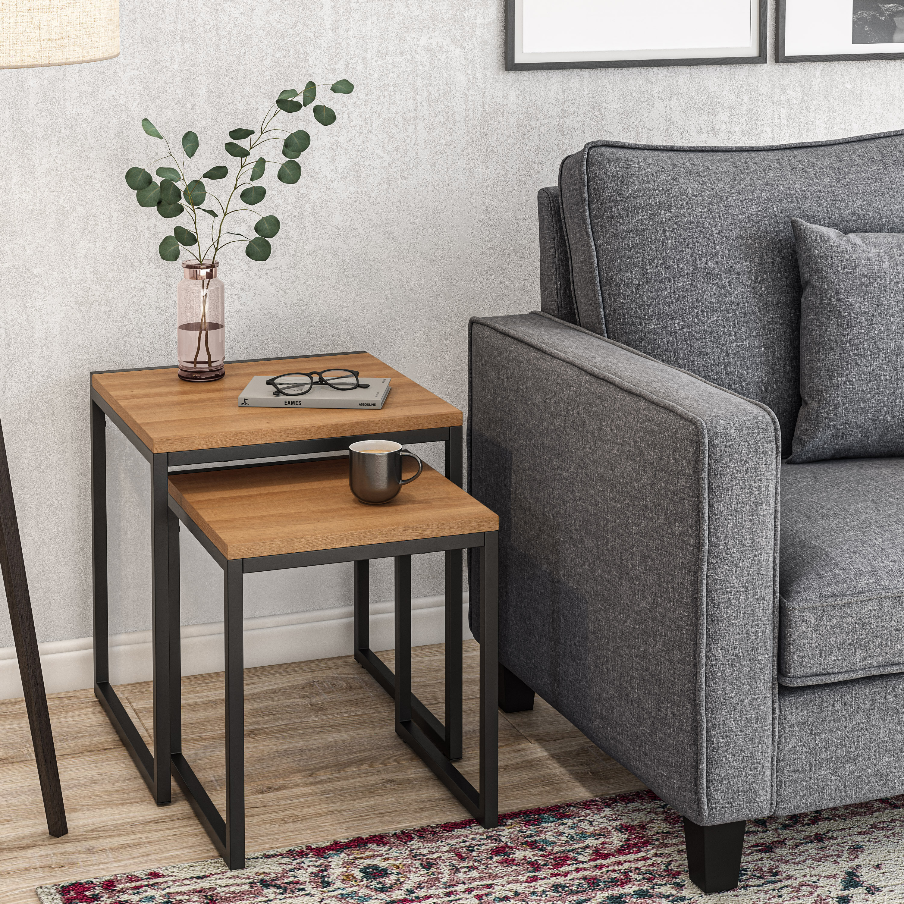 Set of 2 Brown Wood and Black Metal Square Nesting Side Tables