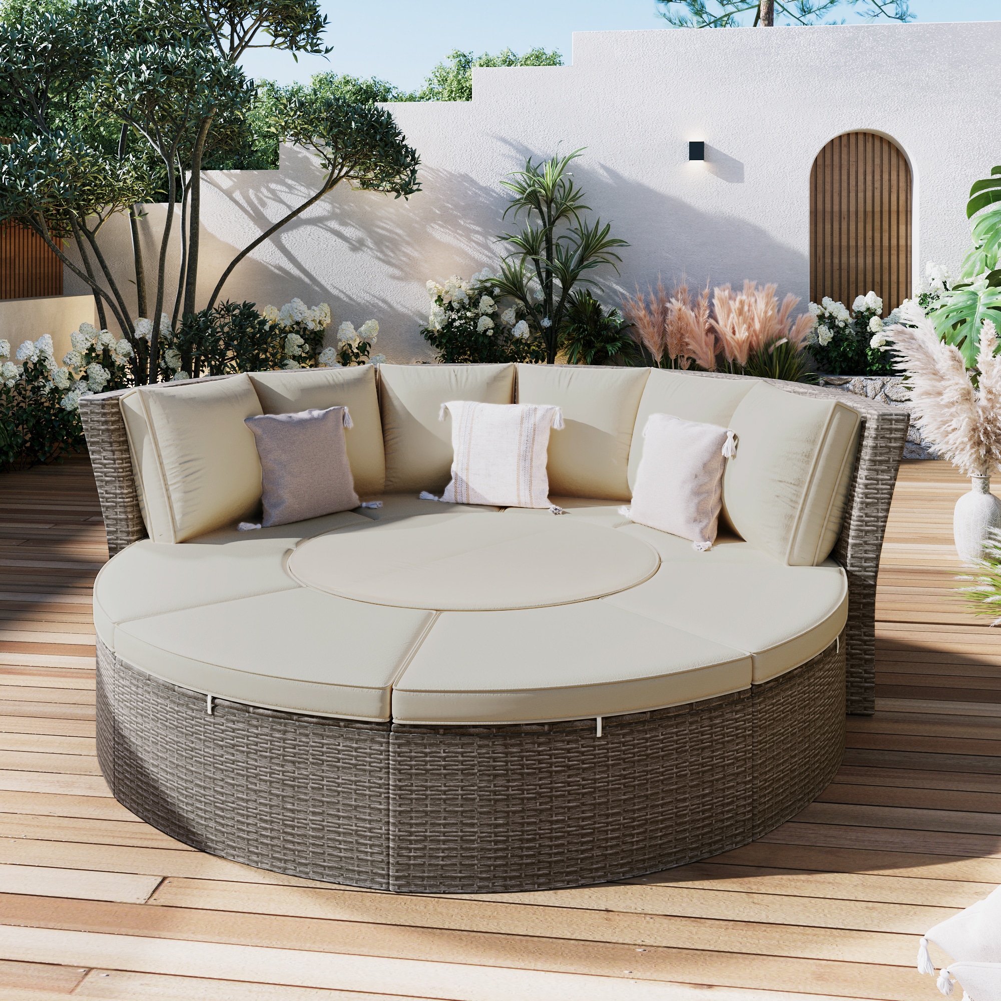 JIMSMAISON BOTMPDB08GR Rattan Outdoor Daybed with Gray Cushions and Steel Frame