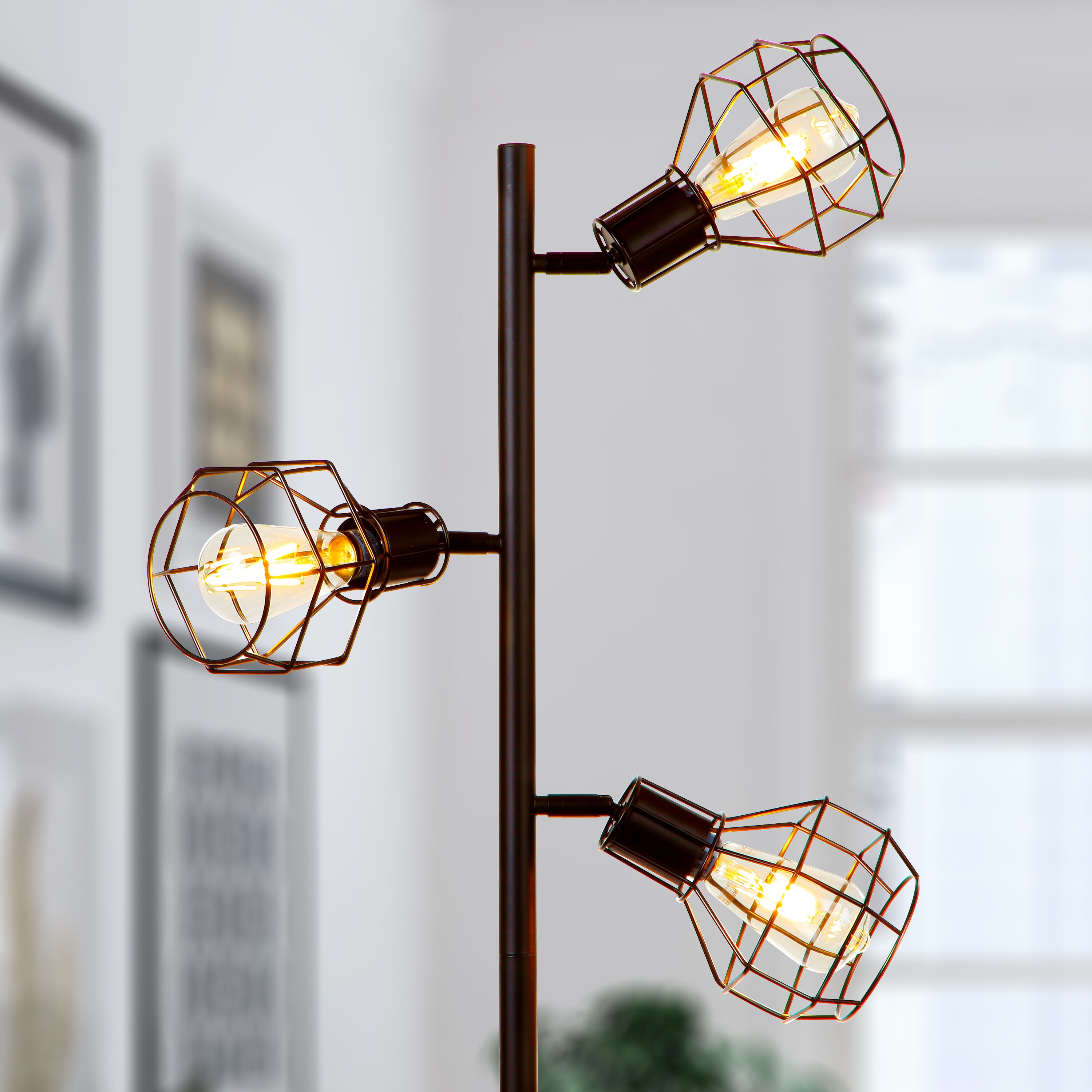 Robin Adjustable 3-Head Industrial Black LED Floor Lamp with Vintage Edison Bulbs