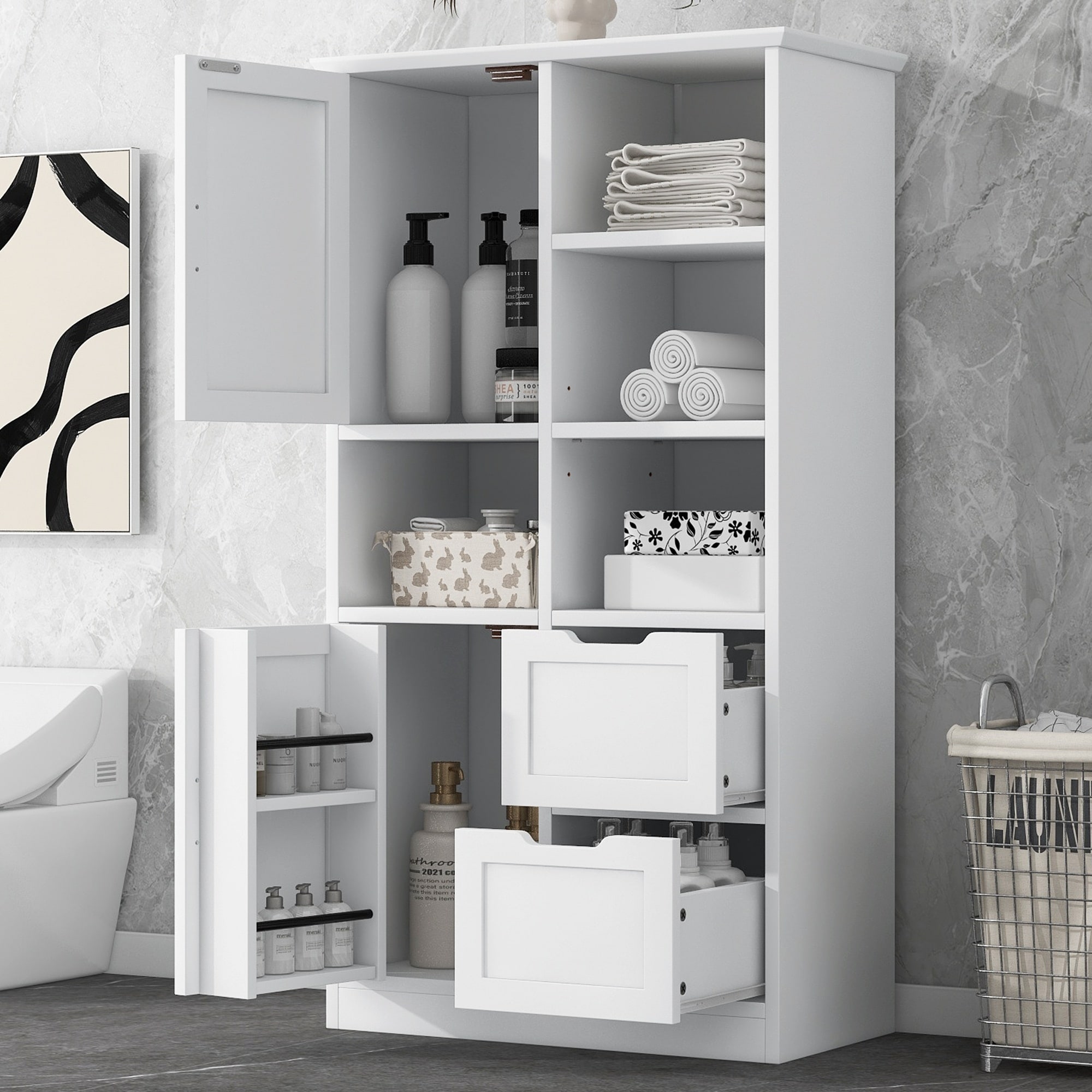 LIVACA 31 inch x 16 inch x 62 inch White MDF Bathroom Storage Cabinet with Doors and Drawers with Adjustable Shelf and Anti-Tipping Device