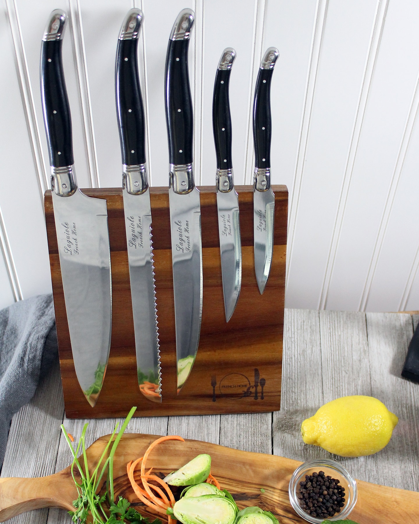 French Home 7 Piece Connoisseur Laguiole Black Pakkawood Kitchen Knife Set with Knife Sharpener