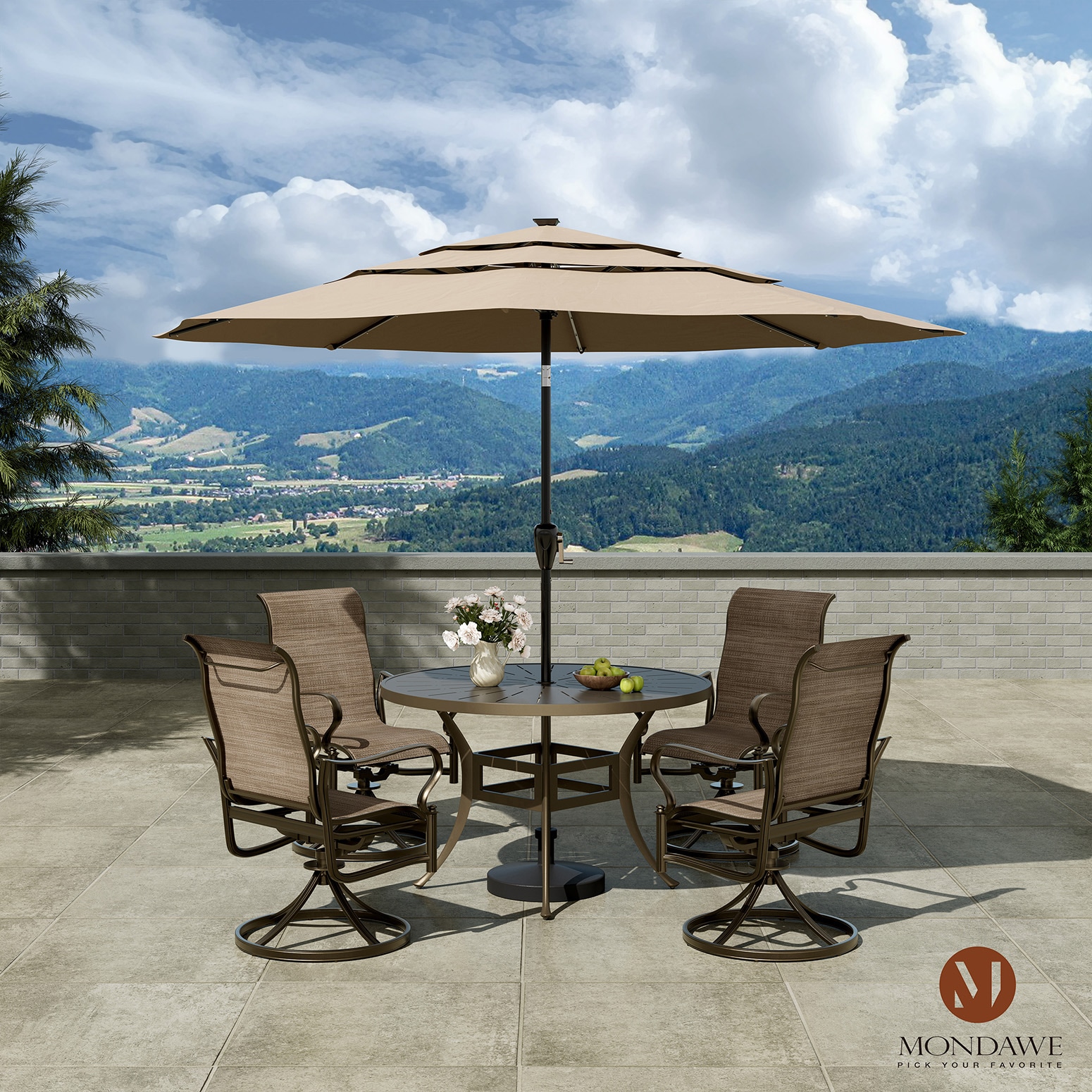 Mondawe MO-ODRHLMCB 5 -Piece Brown Patio Dining Set Aluminum Round Table with 4 Tan Swivel Chairs