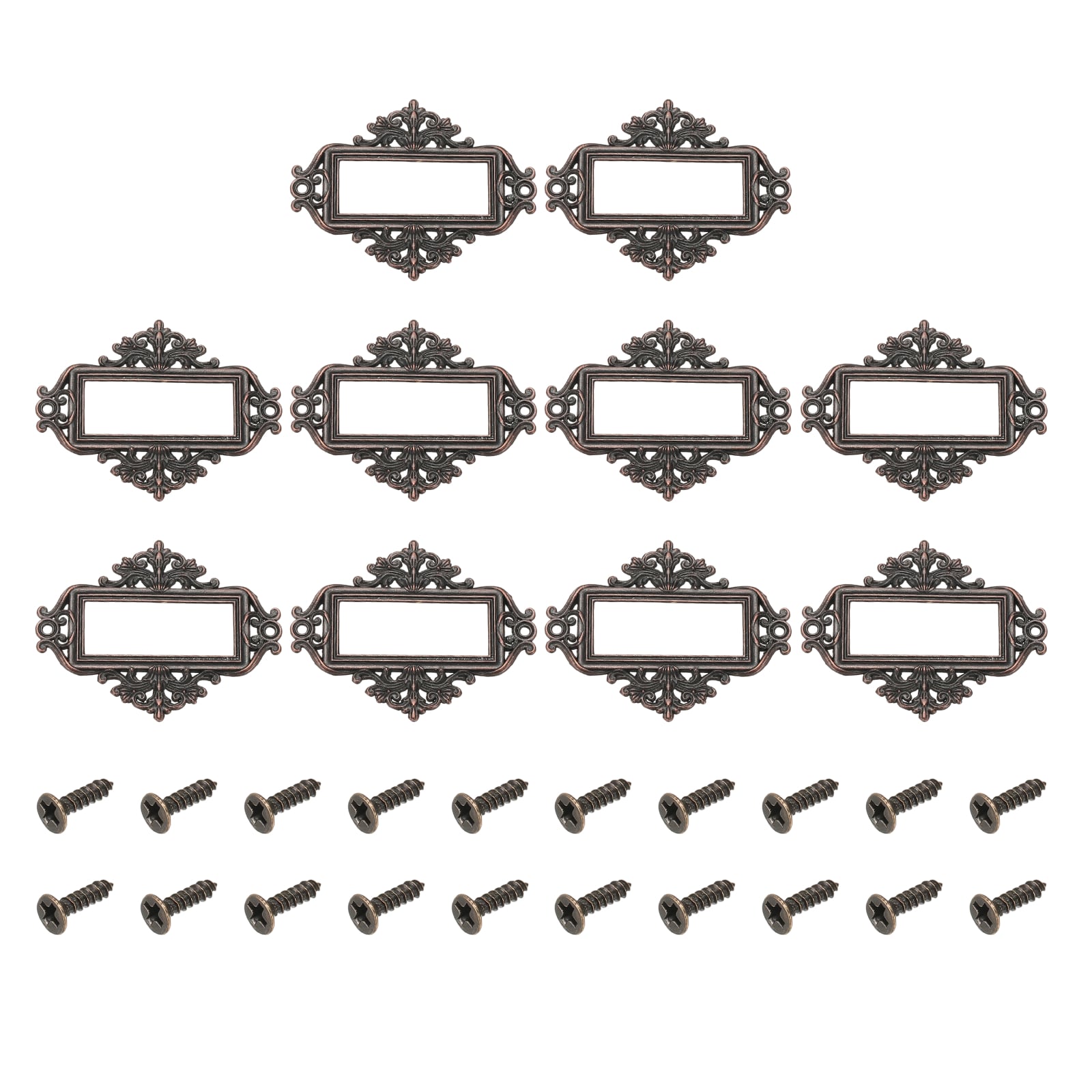 Unique Bargains 10pcs Metal Label Holder 2.2 x 1.7 Inch Small Vintage Card Frame Tag Floral Lace Label Holder with Screws for File Boxes Drawers Door Cabinet Book Shelves Bronze Red