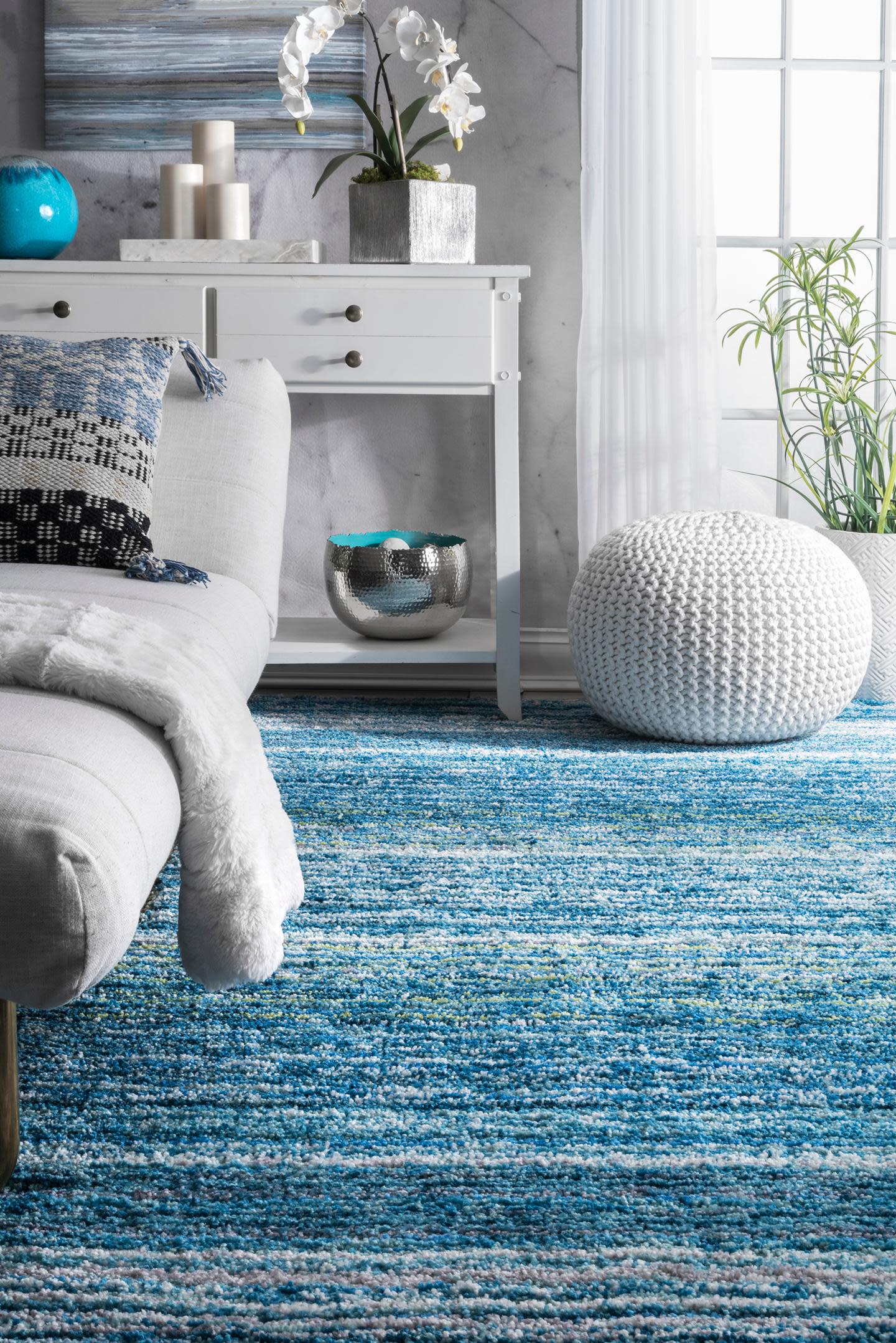 Sky Blue Striped Synthetic Tufted Shag Runner Rug