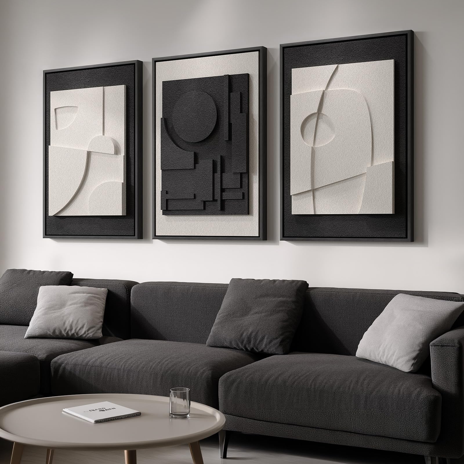 OMOMMD Framed 3D Textured Abstract Wall Art 3 Piece Modern Minimalist Decor for Living Room Bedroom Dining Hallway Office