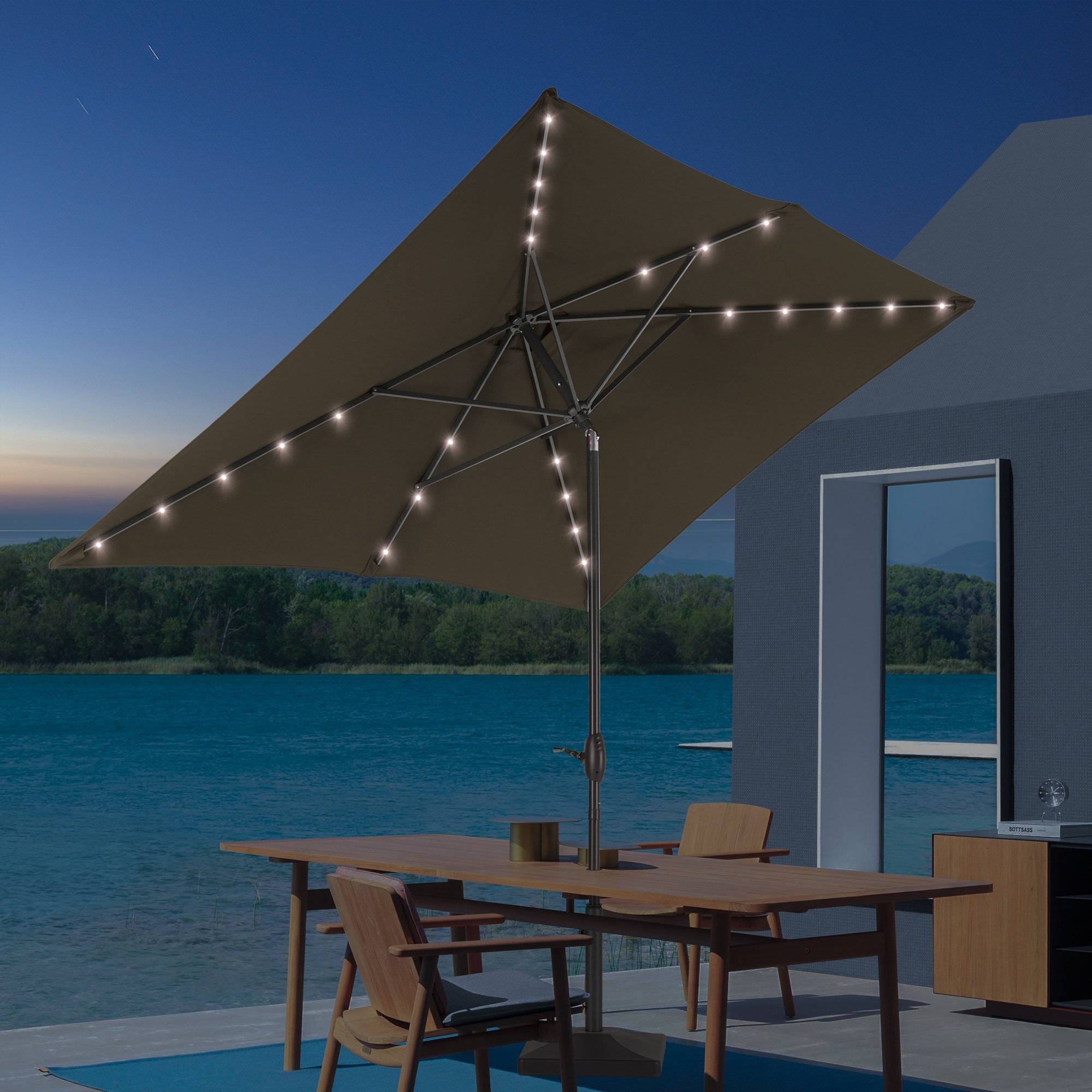 ACEGOSES LW-310TP-LED 9-ft Steel Tan Push-button Tilt Market Patio Umbrella with Lights