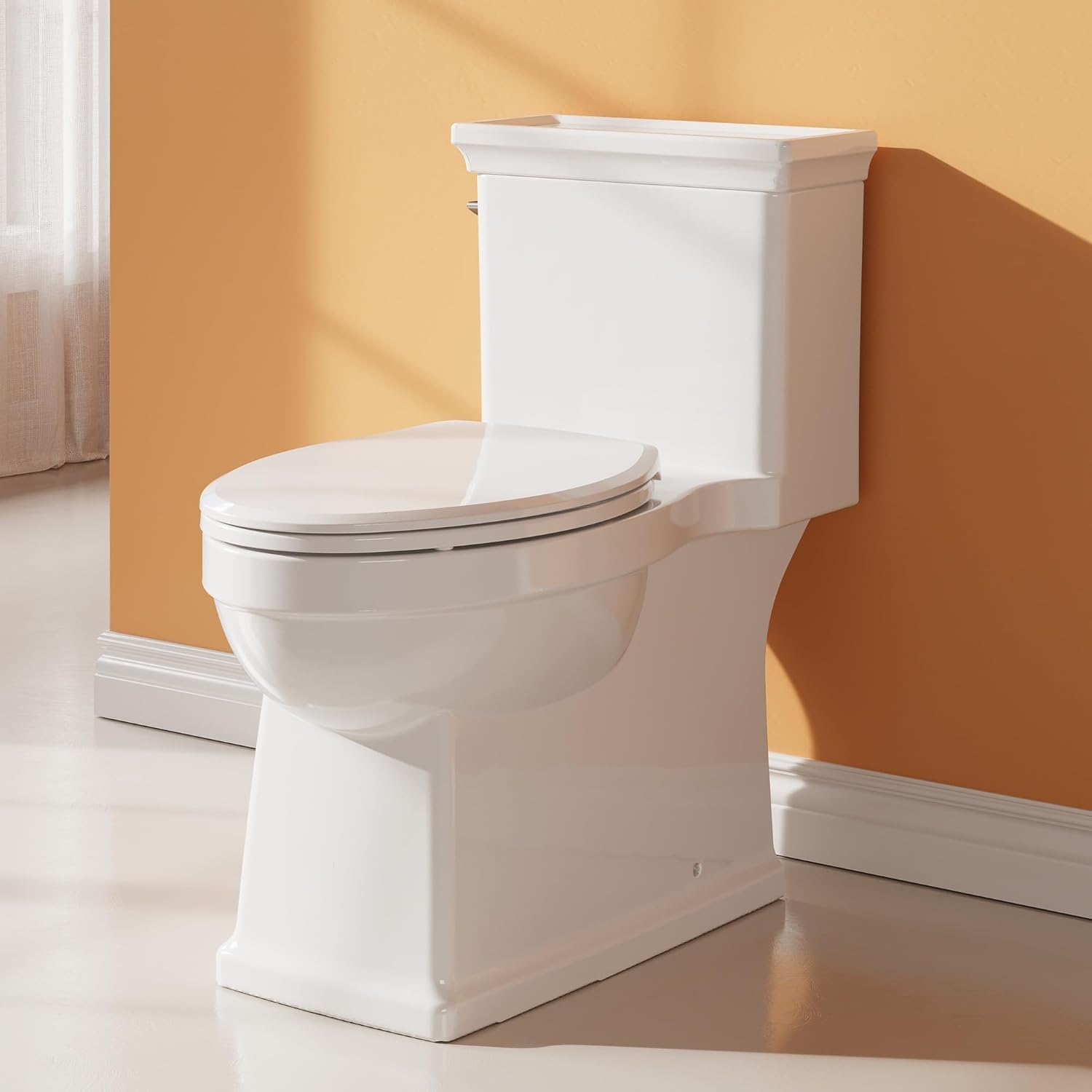 Qeetex QET-TL-CA0814 Extra Elongated One Piece Toilet 0.8/1.28 GPF Dual Flush Toilet 15 Inch Comfortable Seat Height 12 Inch Rough-In Compact Design for Bathrooms MAP 1000g Soft-Closing Seat White Toilet Bowl