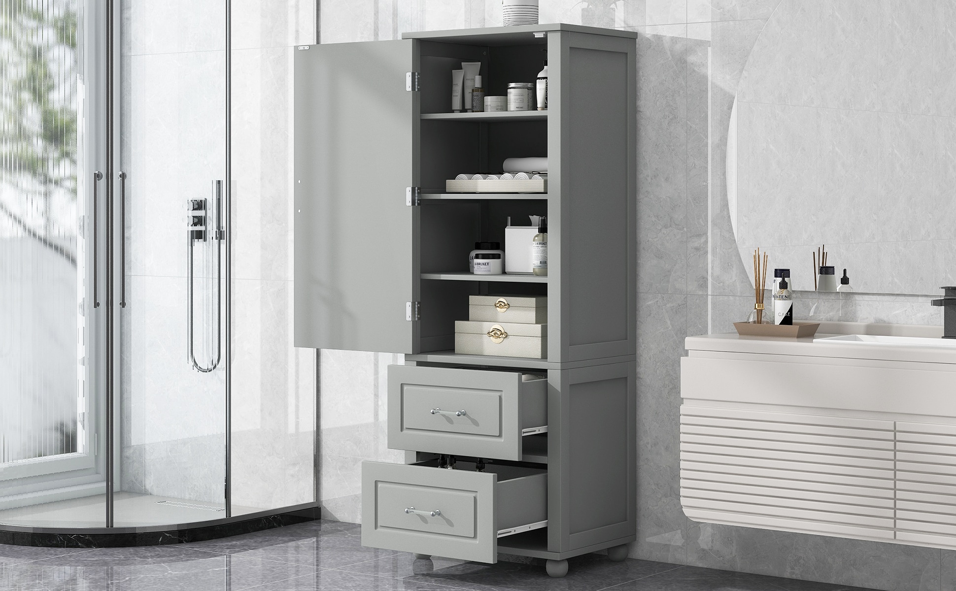 ZAKLOOP WU1396P147014 15.9-in x 61.4-in x 15.9-in Grey Freestanding Soft Close Linen Cabinet