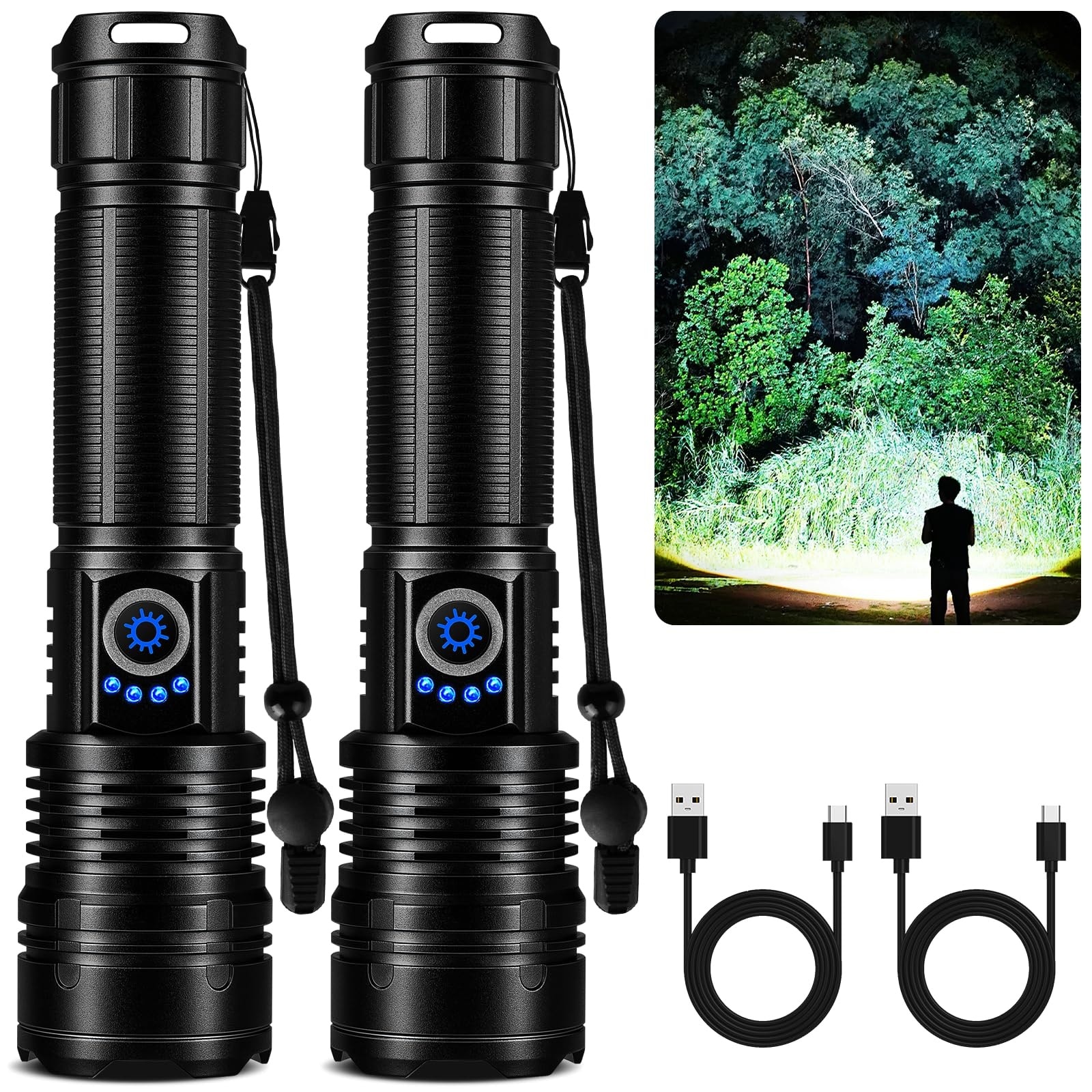 Justincity  2 Pack Rechargeable Flashlight 99000 Lumen High Output LED 5 Modes Adjustable Focus Power Display IPX7 Waterproof for Outdoor Camping Hiking