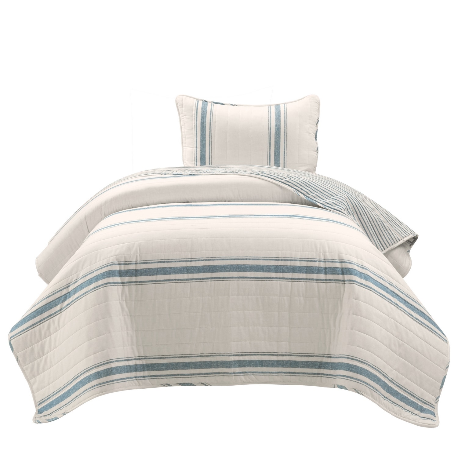Blue and Off-White Striped Cotton Twin XL Reversible Quilt Set