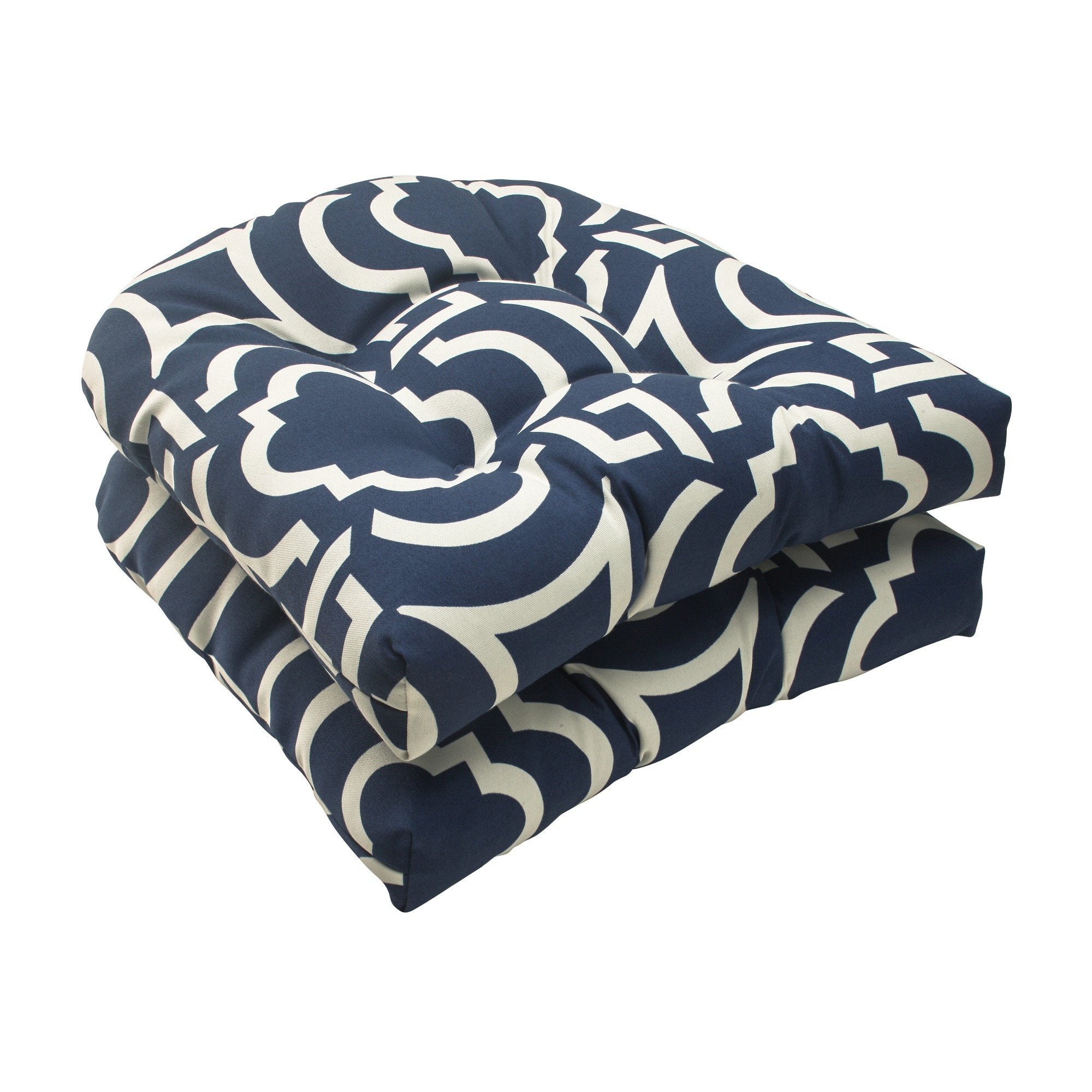 Navy and White Geometric Tufted Outdoor Wicker Chair Cushions, Set of 2