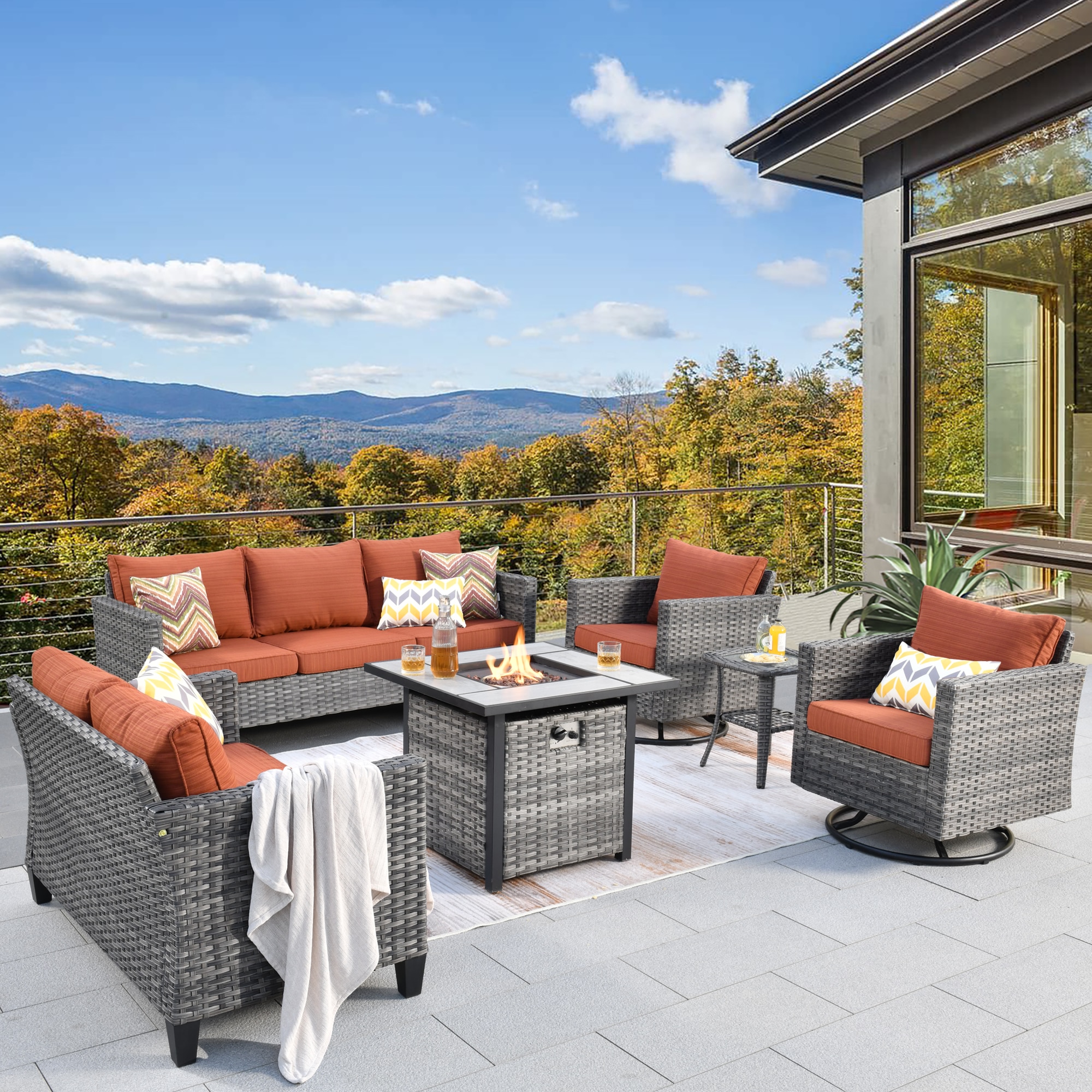 XIZZI XSQRCL8164-FP Lullaby 6-Piece Rattan Patio Sofa Conversation Set with Orange Cushions