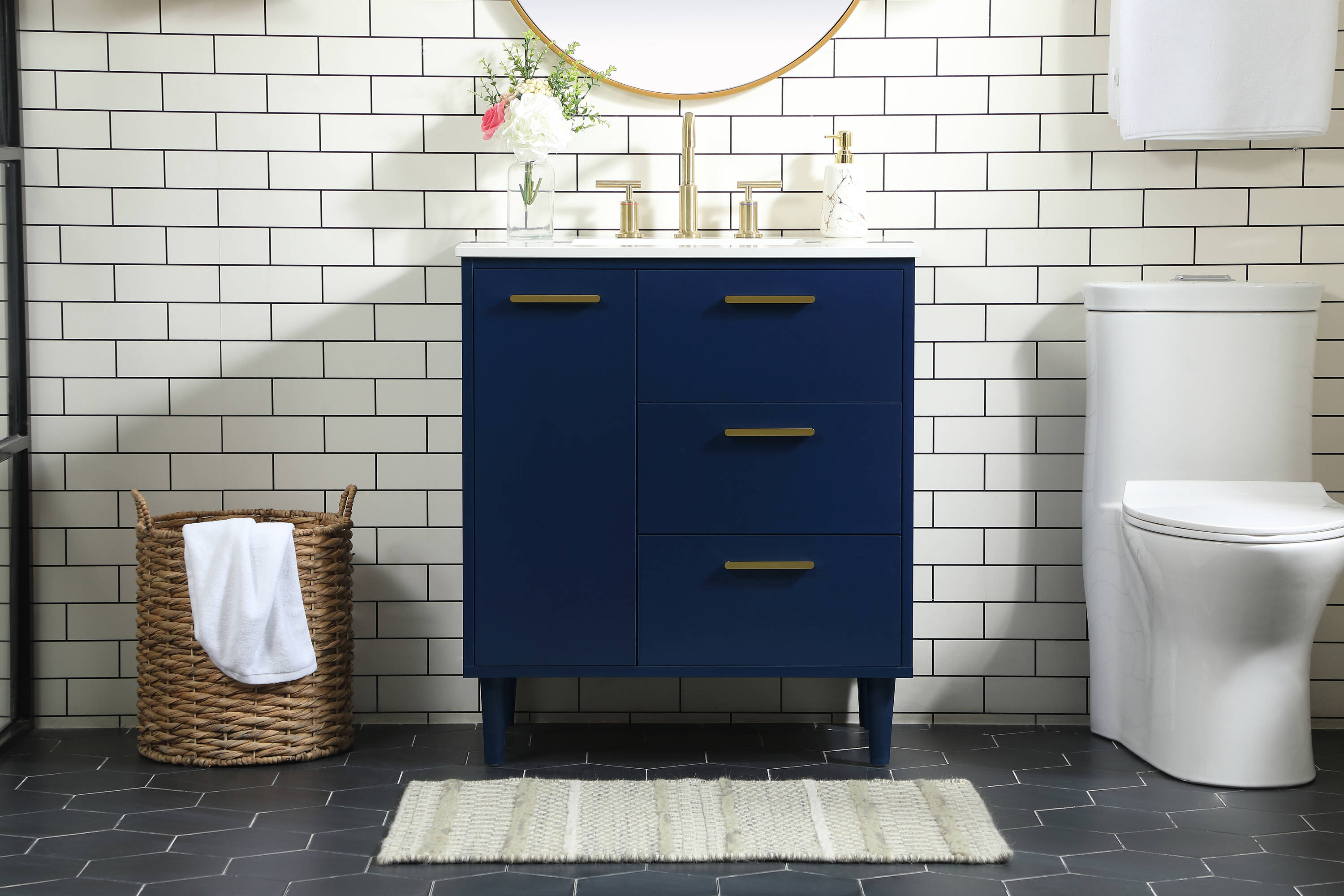 Blue Solid Wood and MDF Bathroom Vanity with Gold Accents