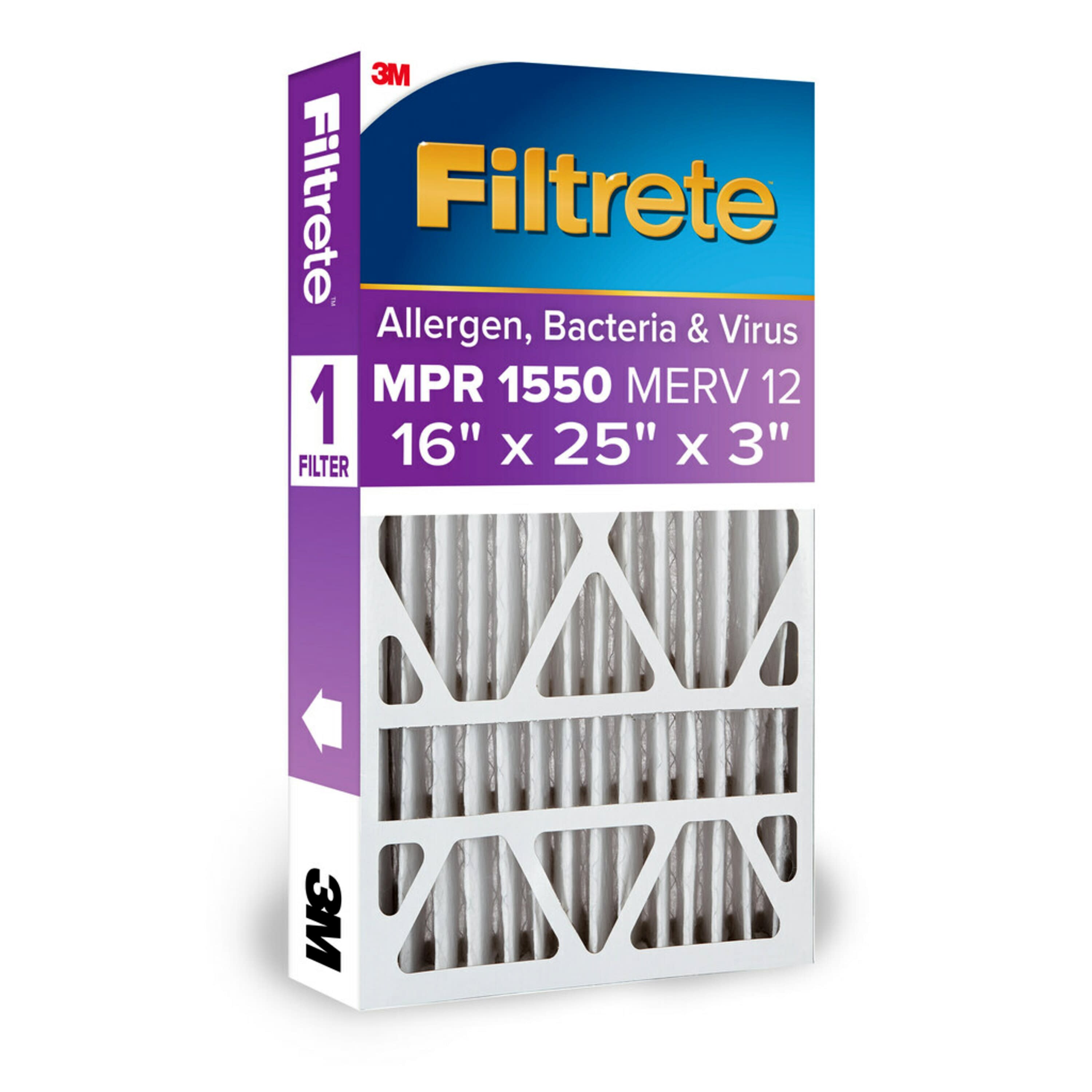 Filtrete LDP01-3IN-5 16-in W x 25-in L x 3-in MERV 12 1550 MPR Allergen, Bacteria and Virus Electrostatic Pleated Air Filter