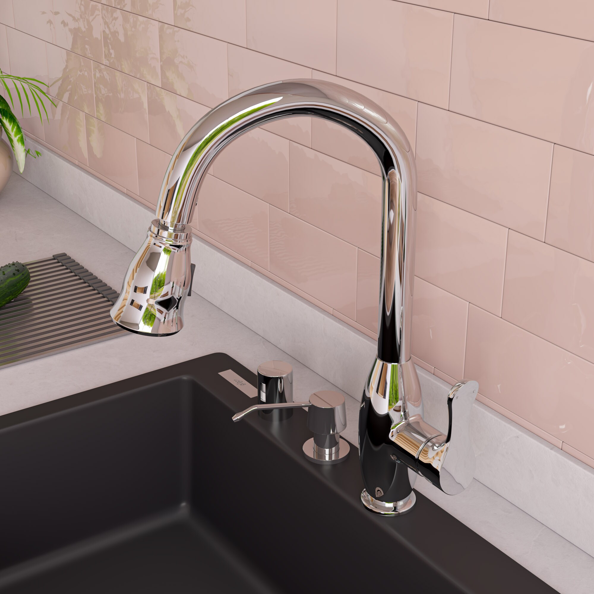 Polished Chrome Gooseneck Pull Down Kitchen Faucet with Spray