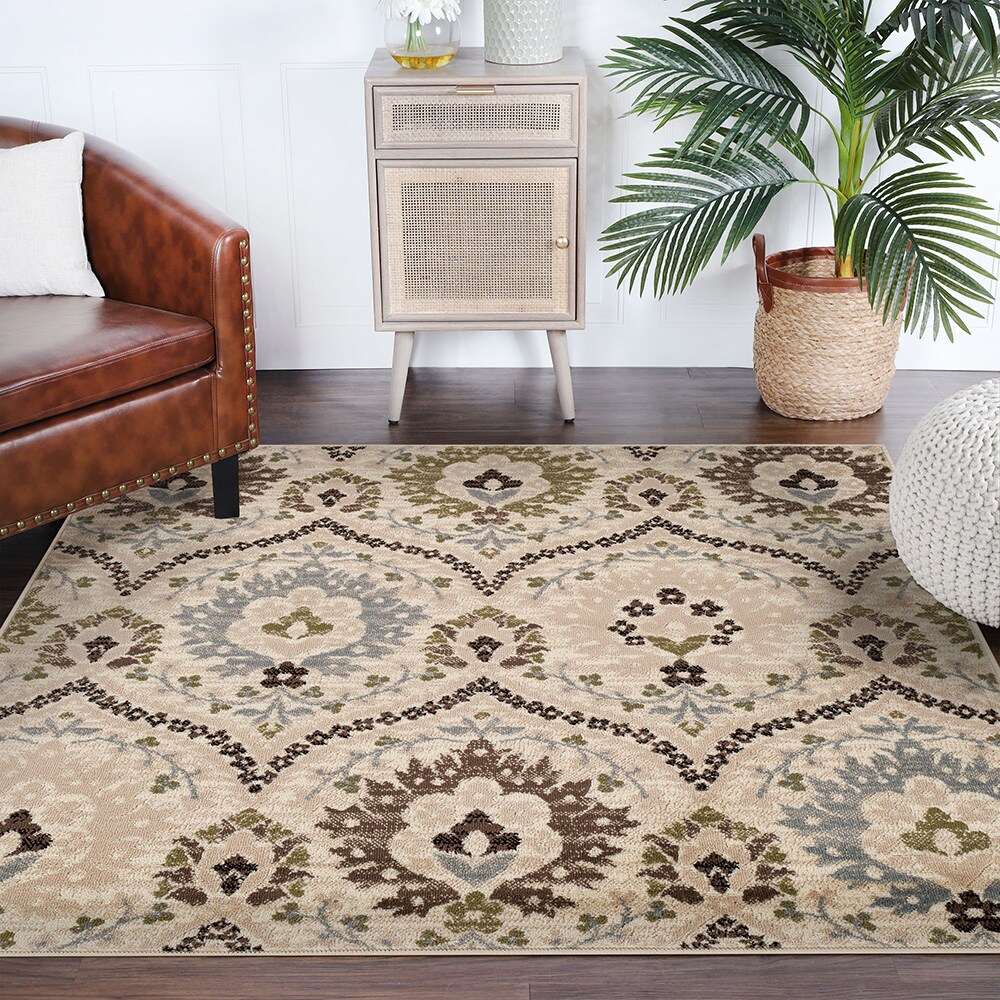 Ivory and Multicolor Floral Synthetic Square Area Rug