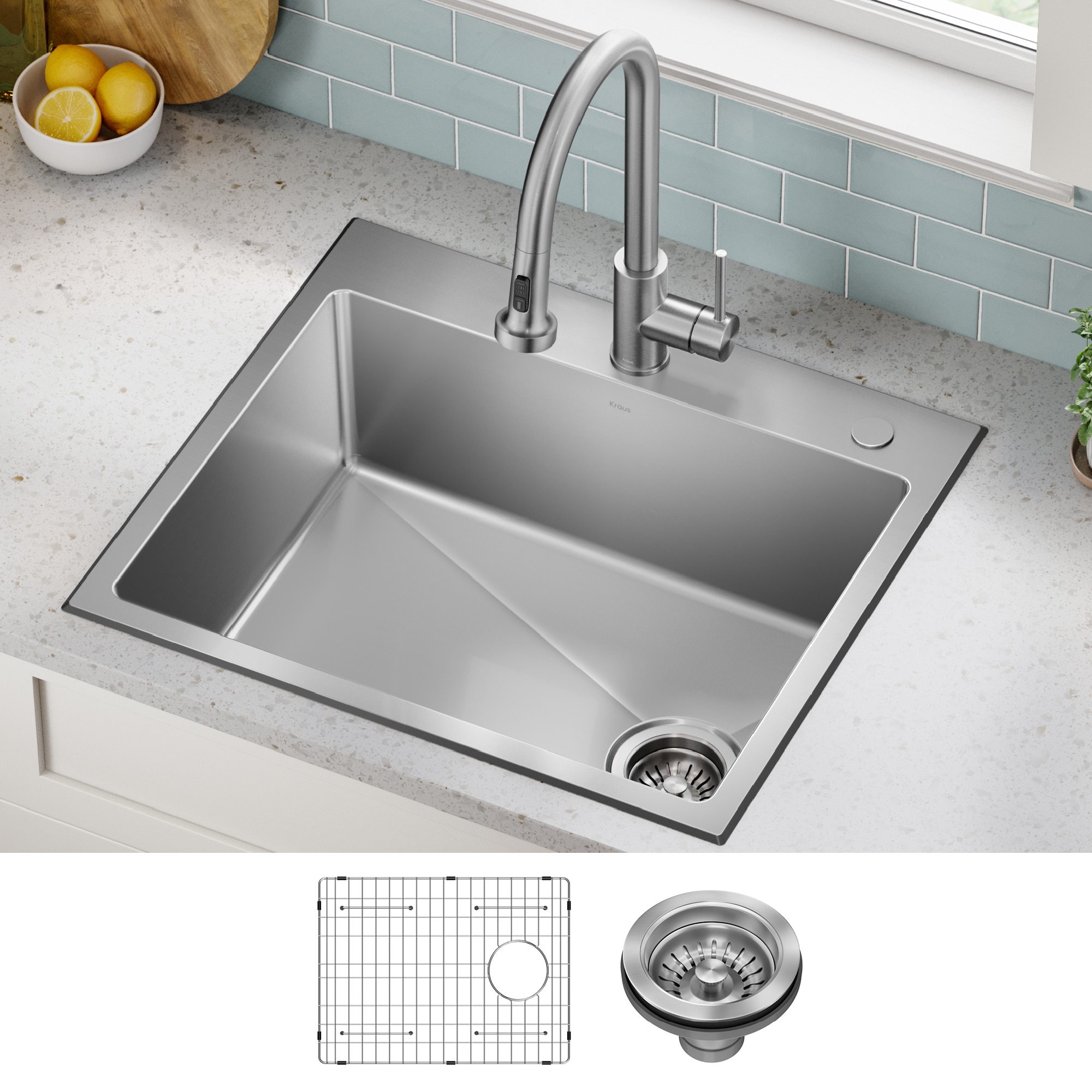 Kraus KHT641-25 Fairlane Drop-in 25-in x 22-in Stainless steel Single bowl 2-Hole 18 -Gauge Kitchen Sink