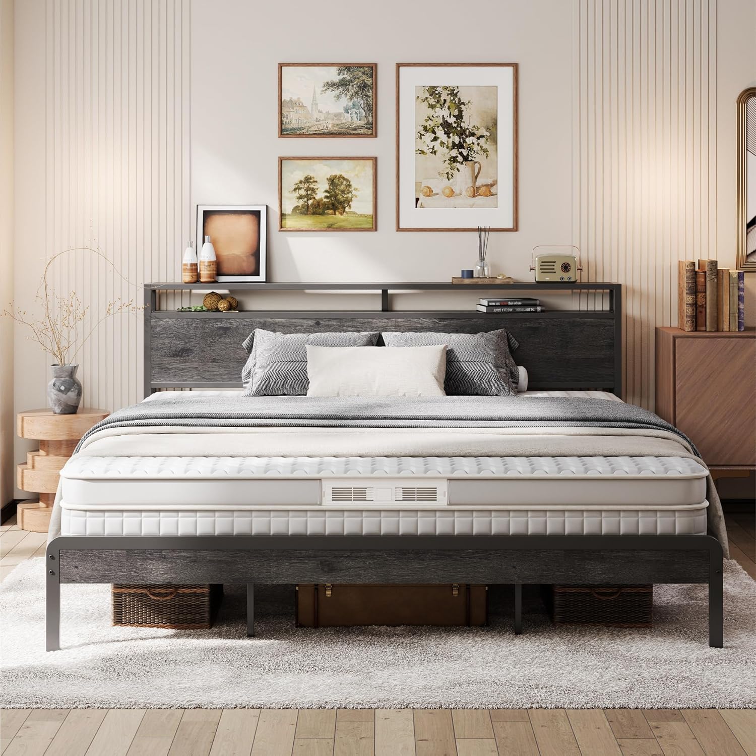Likimio TKE8SFGTYZWG74QC 78.3-in W Charcoal Grey King Bed Frame with Headboard