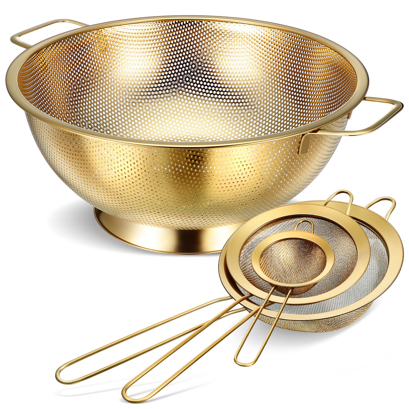 Aoibox  Gold Stainless Steel 5 Quart Large Colander and Fine Mesh Strainer Set Dishwasher Safe Set of 4 Pcs