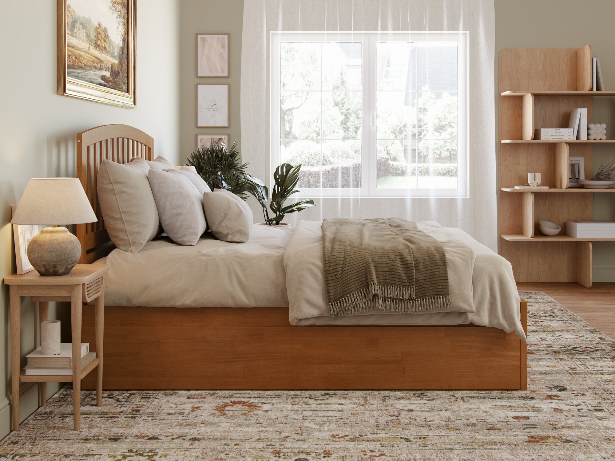 Light Toffee Queen Wood Platform Bed with Slatted Headboard