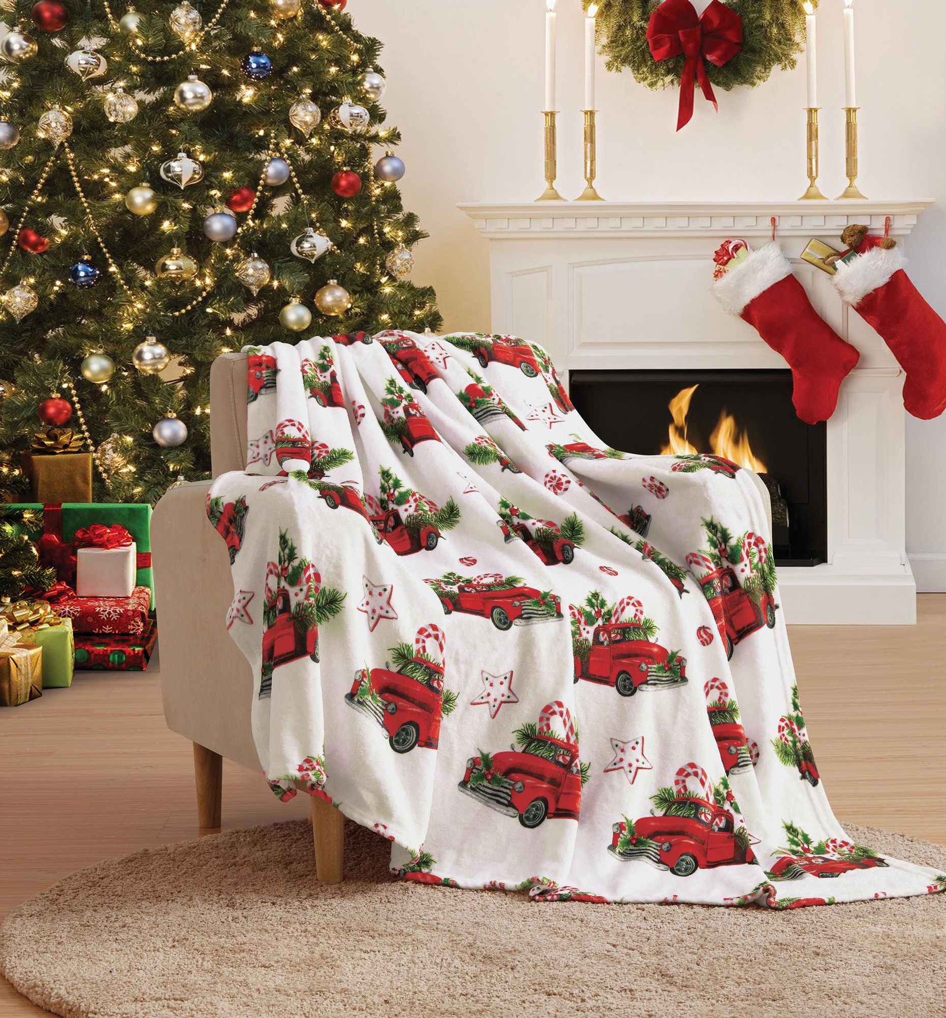 KATE AURORA Holiday Red Pickup Trucks Candy Canes and Christmas Trees Accent Throw Blanket 50 in W x 60 in L
