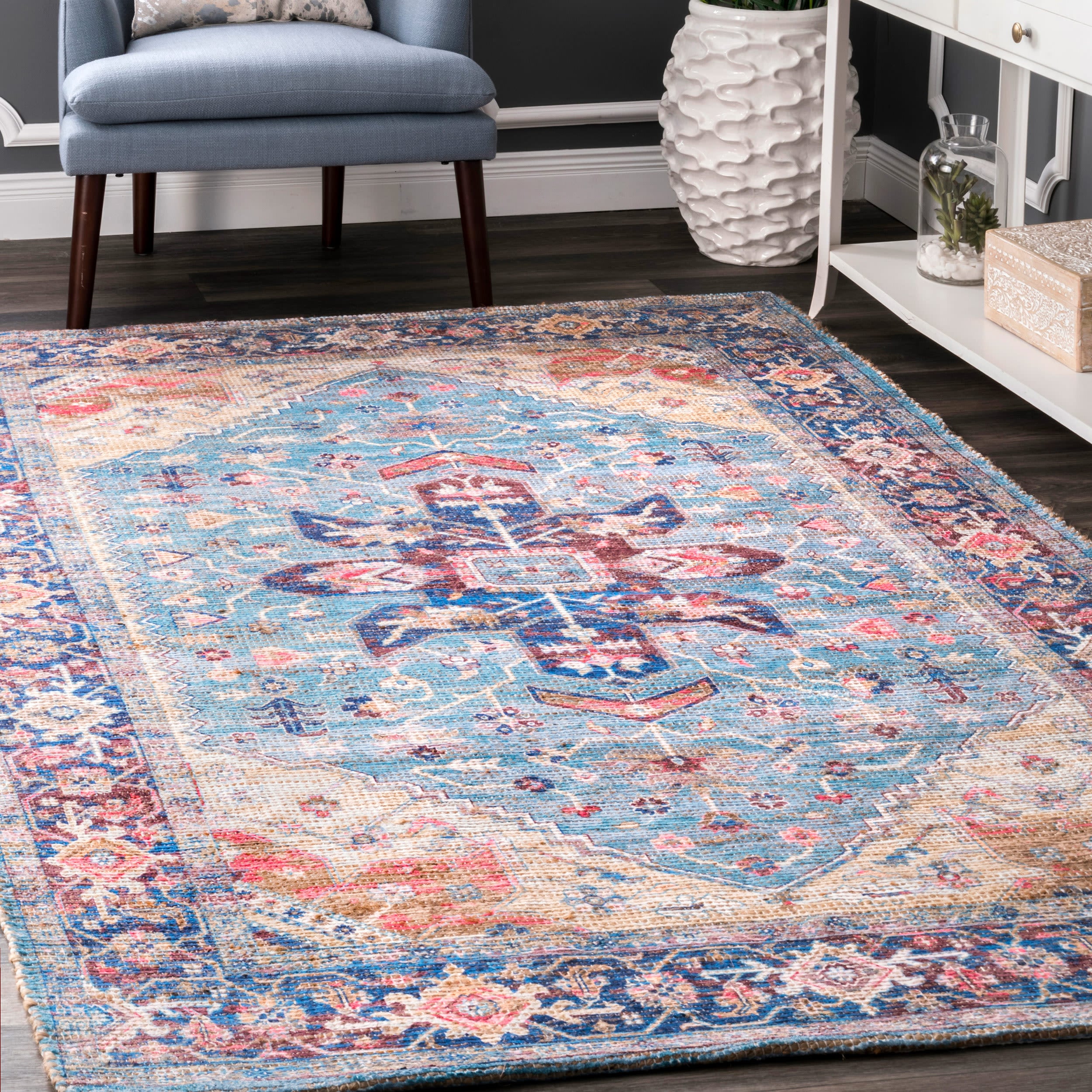 Matilda Blue Cotton Chenille 4' x 6' Reversible Area Rug