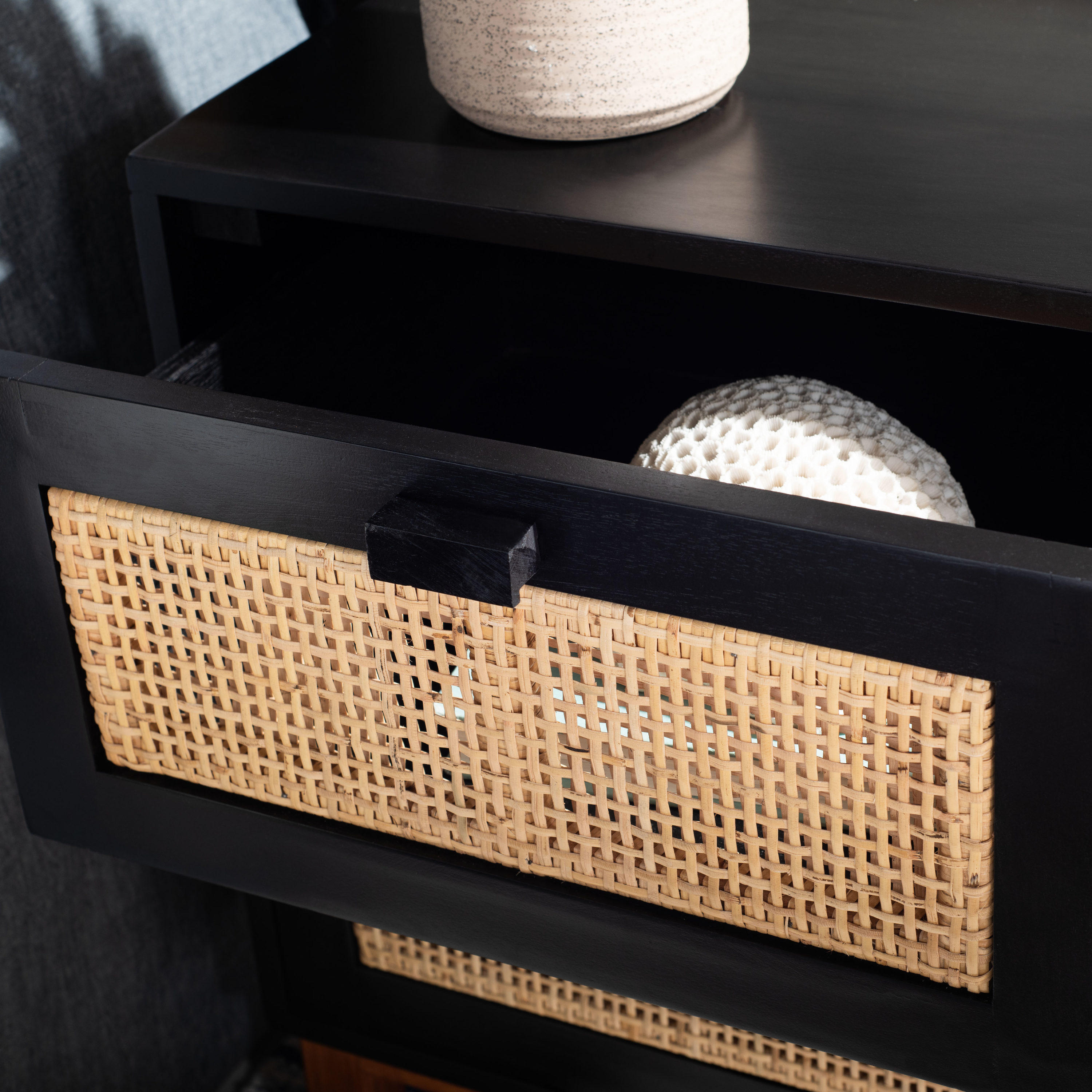 Erica Coastal Black Wood with Natural Rattan 2-Drawer Nightstand