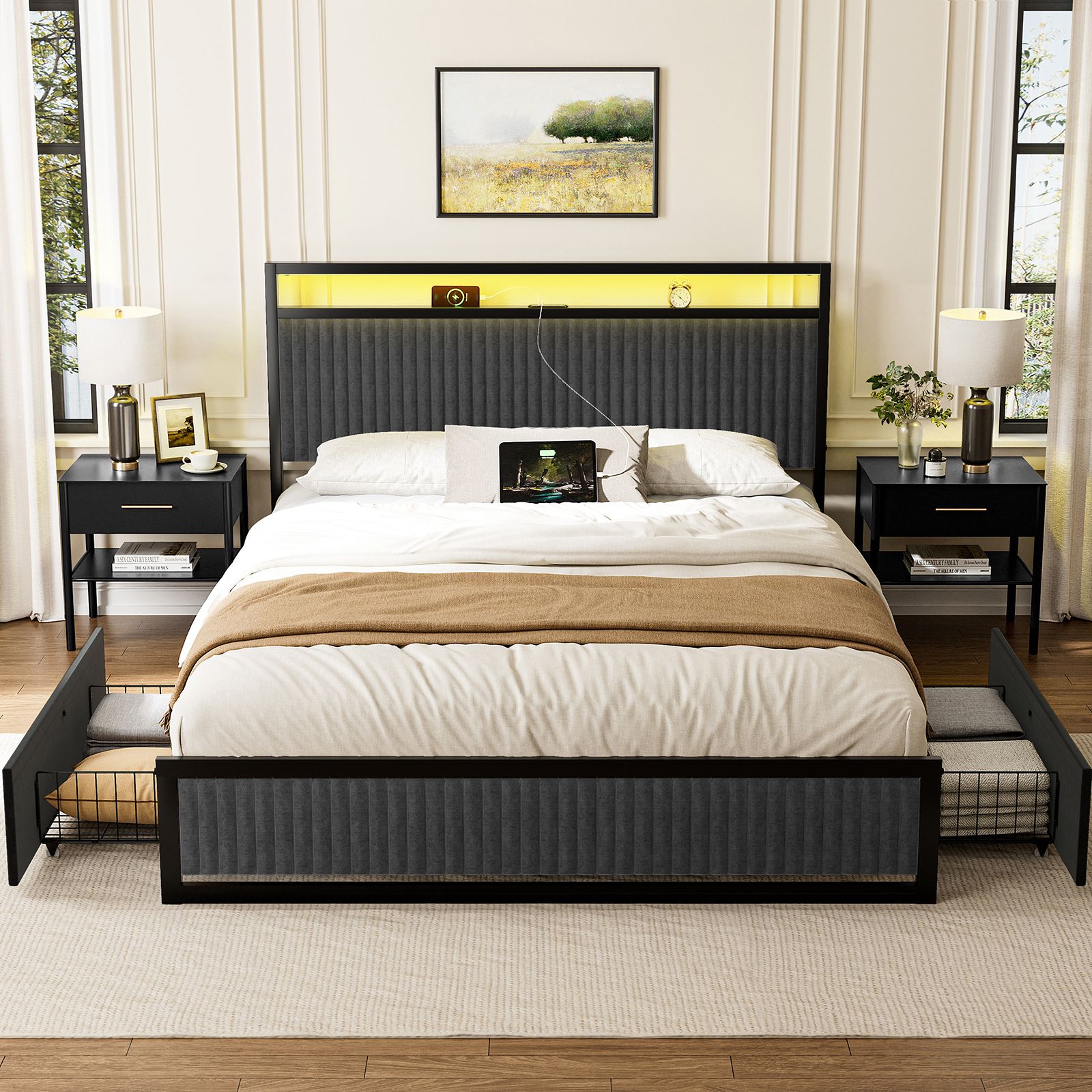 HAUSOURCE HB071 Upholstered Full Bed Frame with 2 Storage Drawers LED Headboard USB Ports Dark Gray