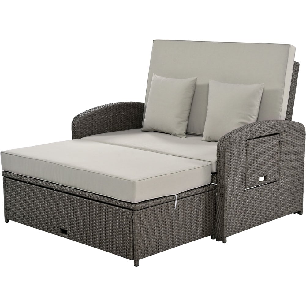 ModernLuxe L-SP100004AAE PE Wicker Rattan Double Chaise Lounge Rattan Outdoor Daybed with Gray Cushions and Steel Frame