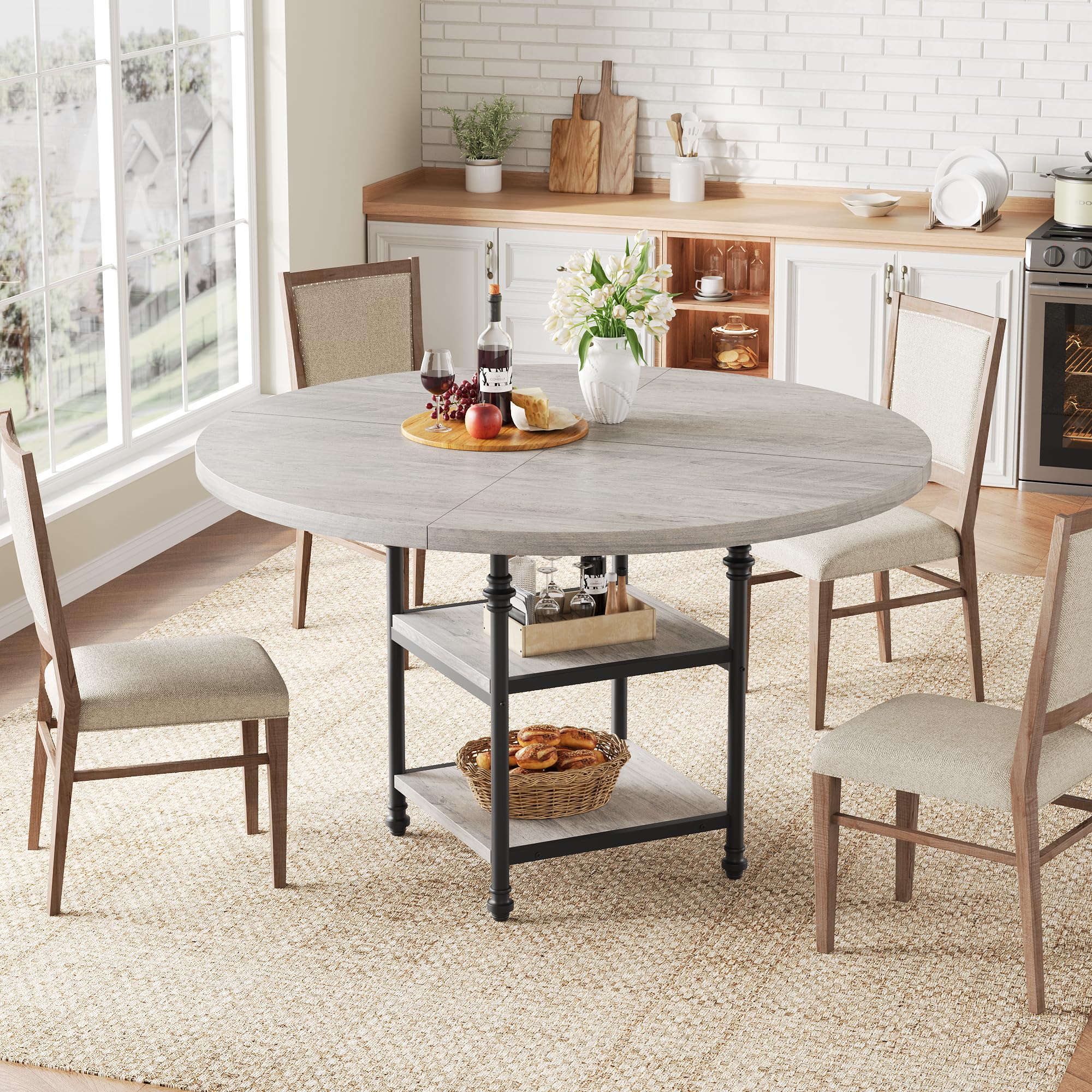 GarveeLife - Round Dining Table for 4-6 People 47 Inch with 2-Layer Storage Shelf Farmhouse-Style...