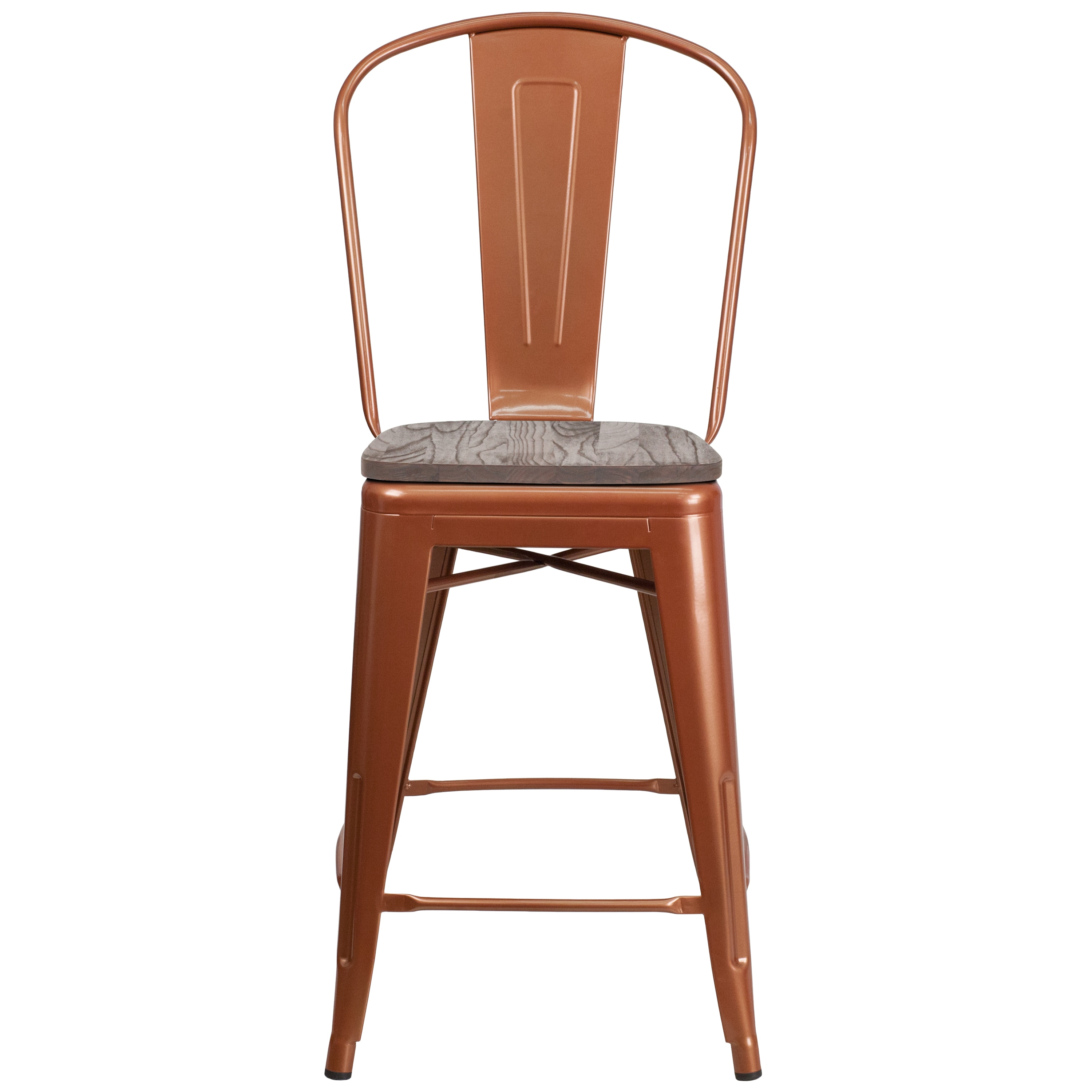 Flash Furniture 889142867777 Blake 4 Pk. 24-in High Copper Metal Counter Height Stool with Back and Wood Seat