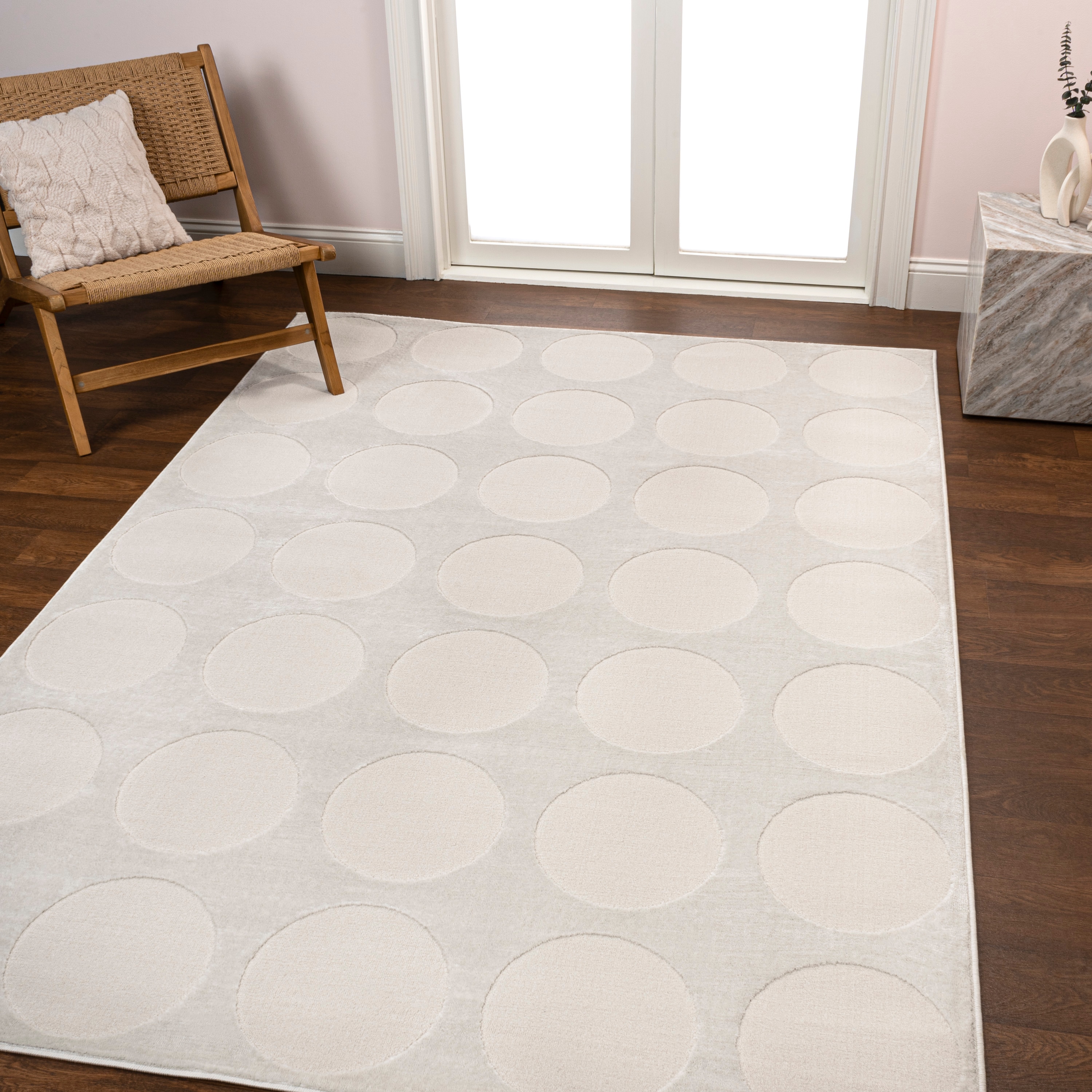 JONATHAN  Y SND105B-3 SANDSTONE Adrian Geometric Circle Dot High-Low 3 x 5 (ft) Loomed White/Cream Rectangular Indoor/Outdoor Geometric Bohemian/Eclectic Pet Friendly Area rug