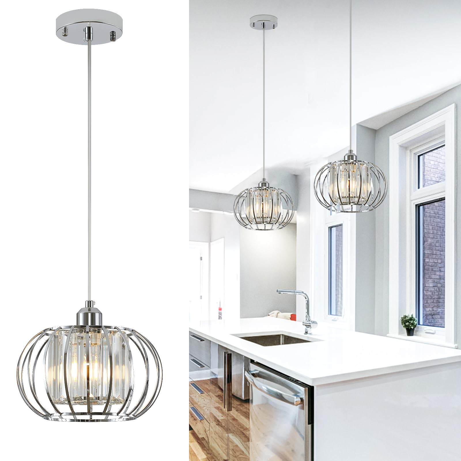 JVFCXXV  Modern Chrome Pendant Light Fixture Mini Crystal Hanging Light Chandelier Adjustable Pendant Lighting for Kitchen Island Dining Room