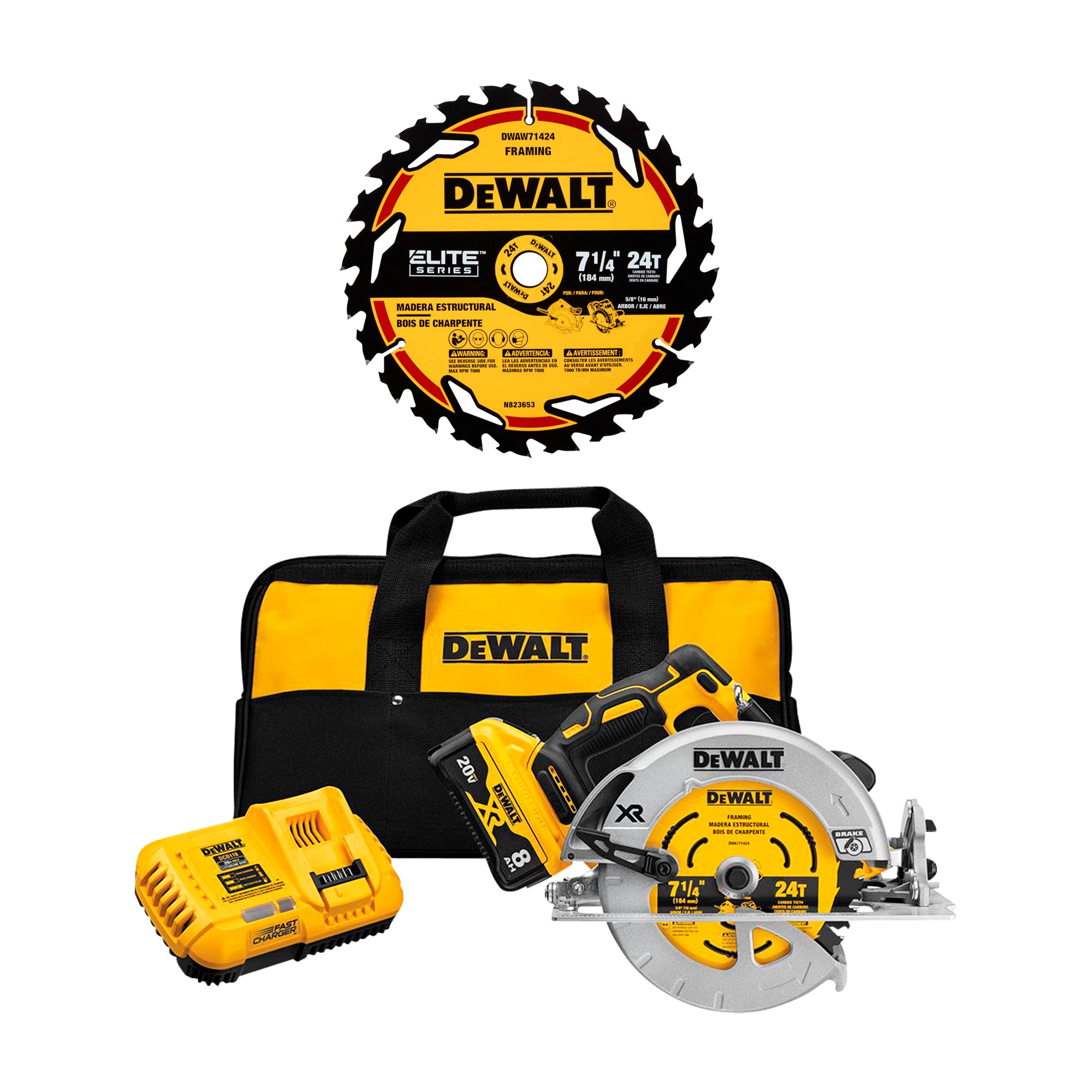 DEWALT XR POWER DETECT 20-Volt Max 7-1/4-in Brushless Cordless Circular Saw (1-Battery and Charger Included) & ELITE SERIES 7-1/4-in 24-Tooth