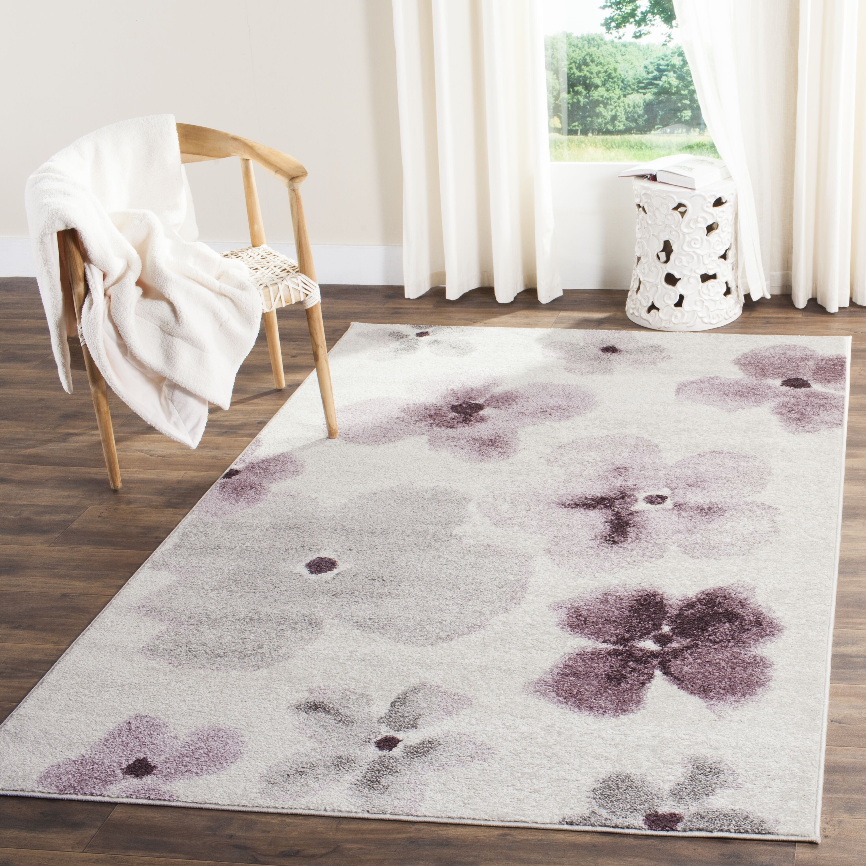 Ivory and Purple Floral Synthetic 5' x 7' Area Rug