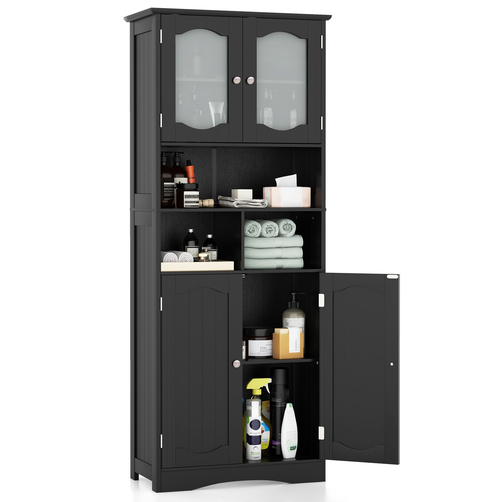 SUGIFT 58.5-in Freestanding Bathroom Linen Storage Cabinet With 2 Tempered Frost Glass Doors 2 Adjustable Shelves Product Type