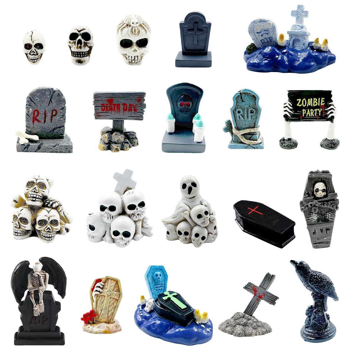Oyezvary  Halloween Miniature Figurines Set 20 Resin Ghost Tombstones Skull Heads Scene Ornaments for Garden Home Village Crafts Decoration