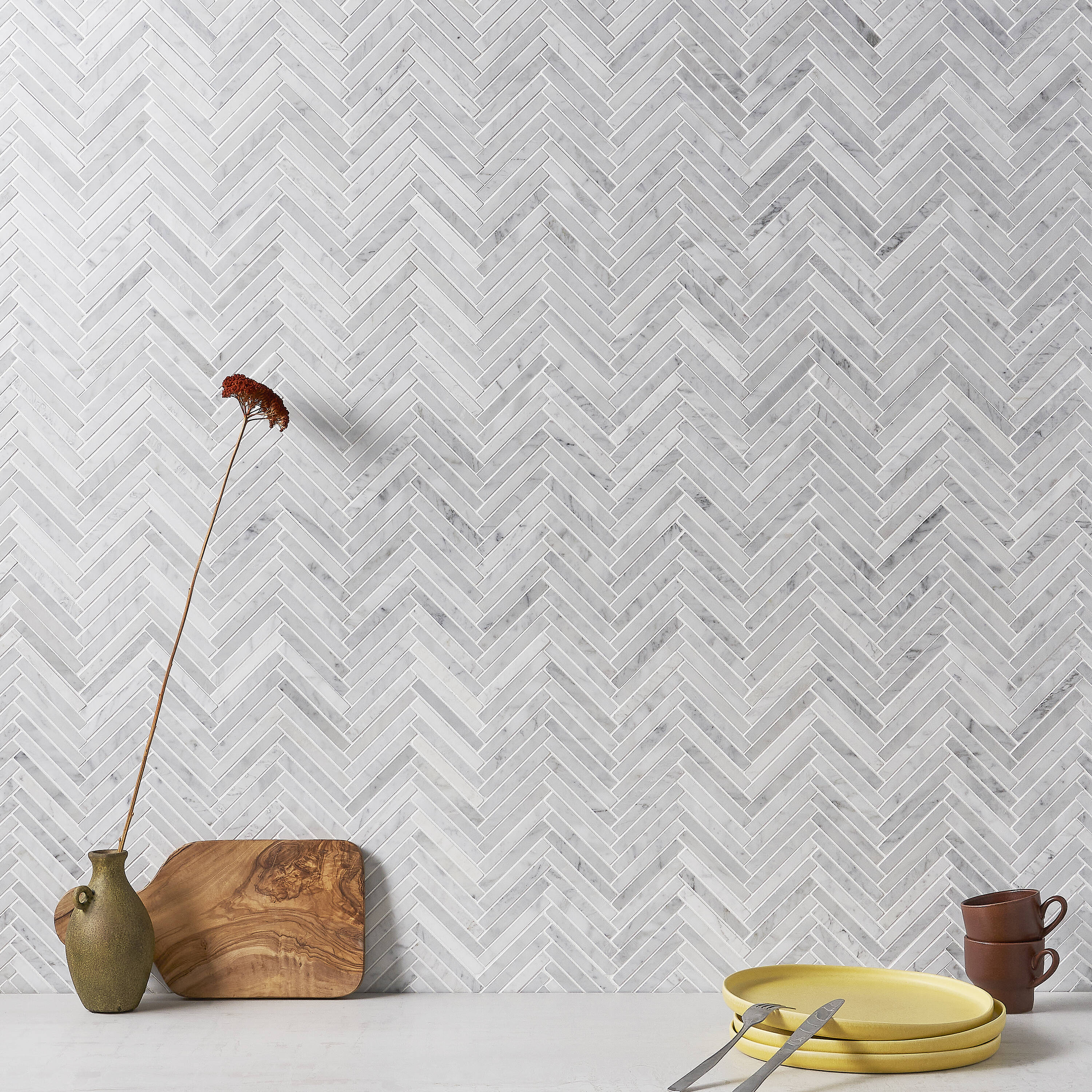 Carrara White Polished Marble Herringbone Mosaic Tile