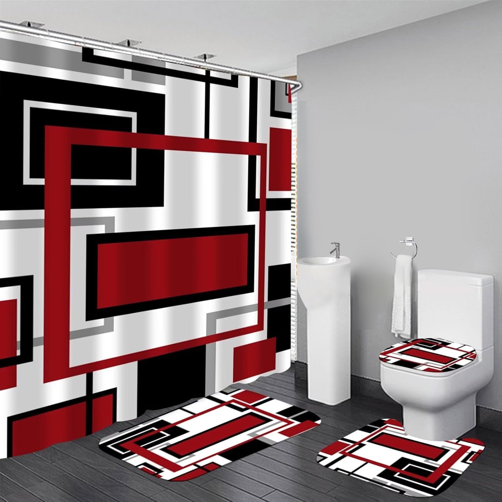 KIWDZFU  Red Geometric Shower Curtain Set with Bath Mat U Shaped Rug and Toilet Lid Cover Bathroom Decor Accessories durable home and garden