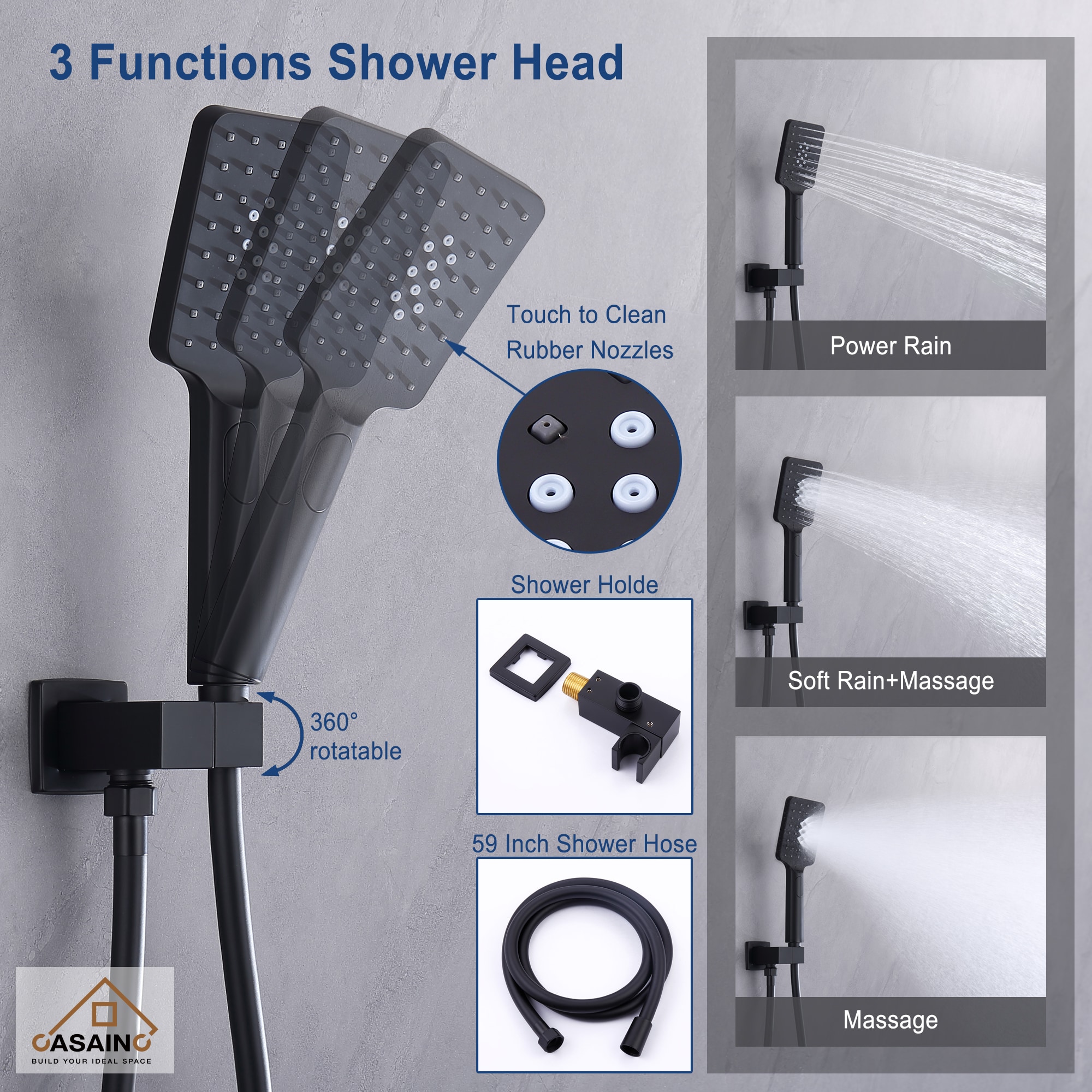 CASAINC Matte Black Dual Head Waterfall Shower Bar System With 2-way ...